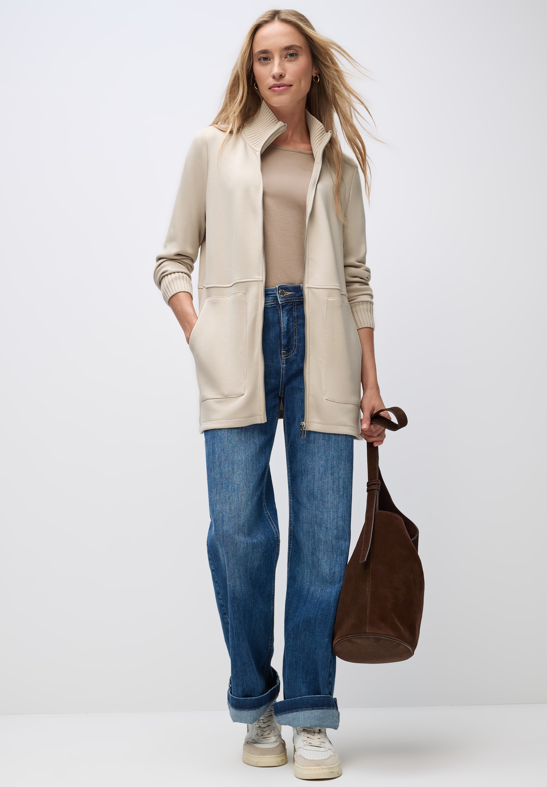 STREET ONE Sweatjacke, mit Strickdetails und Stehkragen