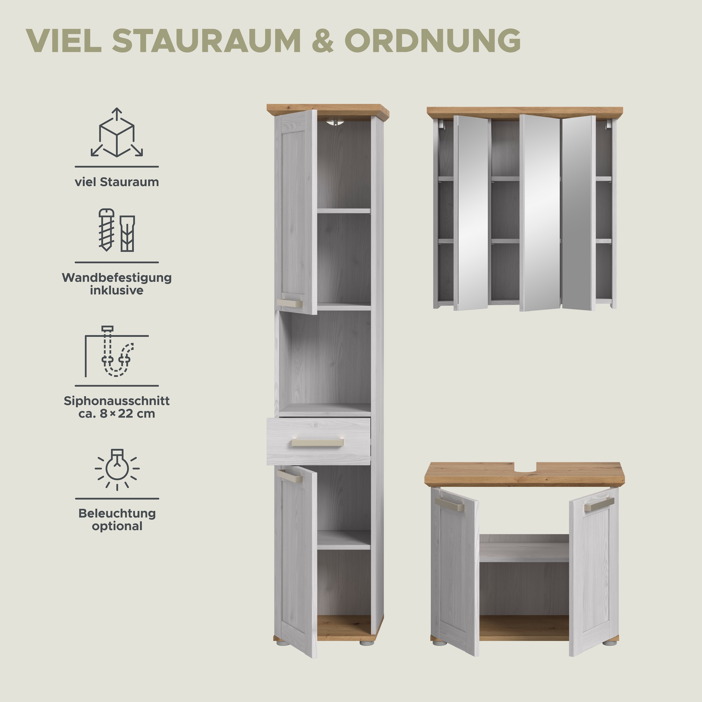 welltime Badmöbel-Set »COSENZA, 3-teilig, in Landhausoptik, mit farblich abgesetztem Kranz« best. aus: Hochschrank, Spiegelschrank und Waschbeckenunterschrank, 3 Stk. tlg.