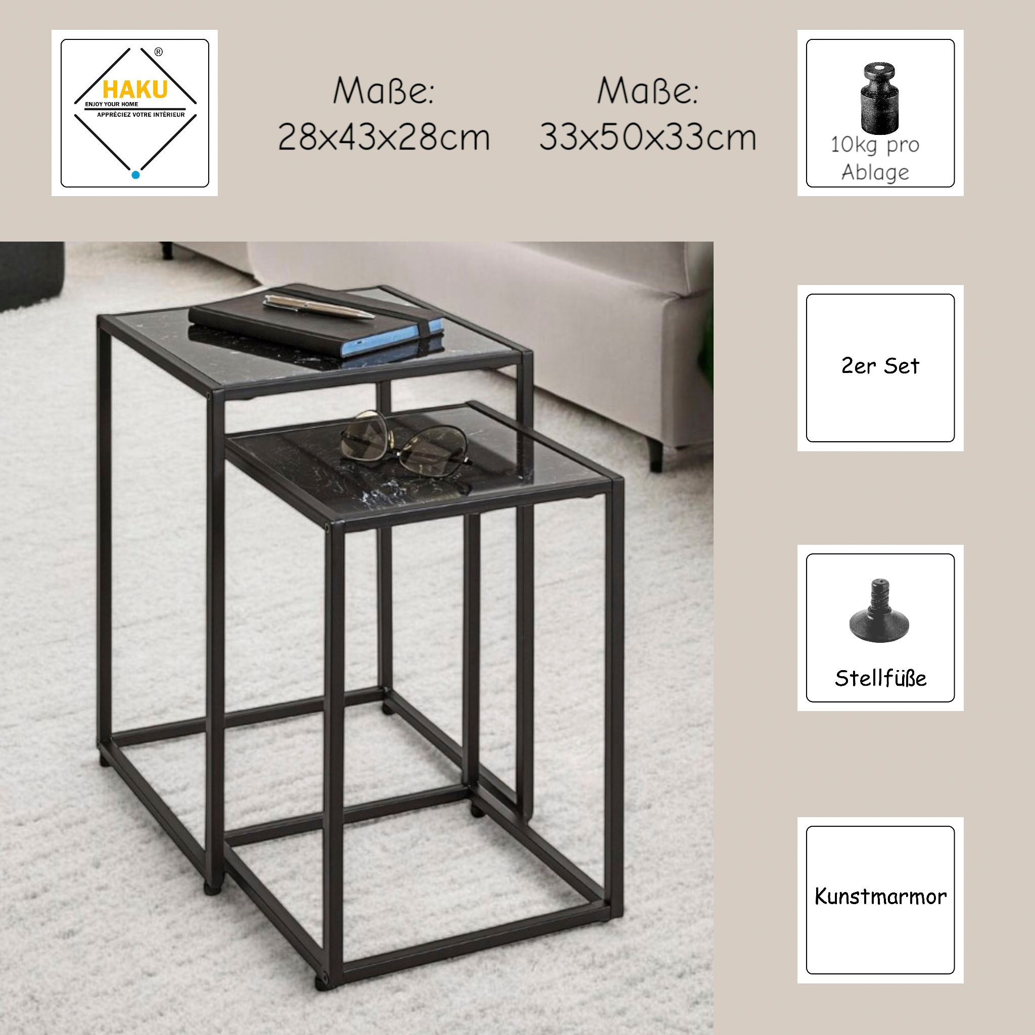 HAKU Beistelltisch »Sofatisch, Wohnzimmertisch« Set, 2er Set, 2 Stk. tlg. quadratisch - aus Kunstmarmor Schwarz B/T/H 28/28/43 und 33/33/50 cm
