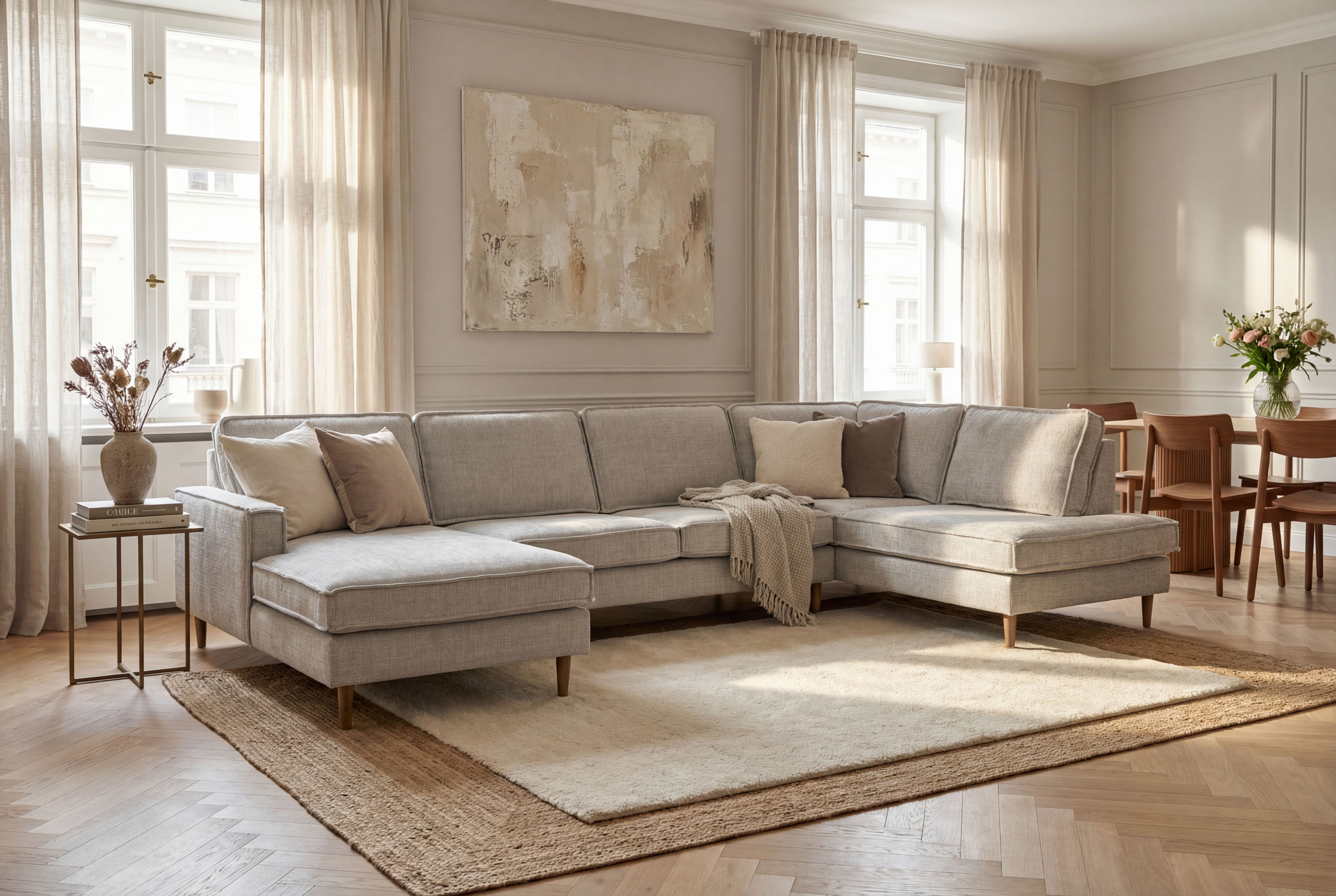 OTTO home Wohnlandschaft "Pinto Skandi, 350 cm, U-Form, XXL, mit Ottomanen" mit Keder, Massivholzfüße Eiche geräuchert, Wellenunterfederung
