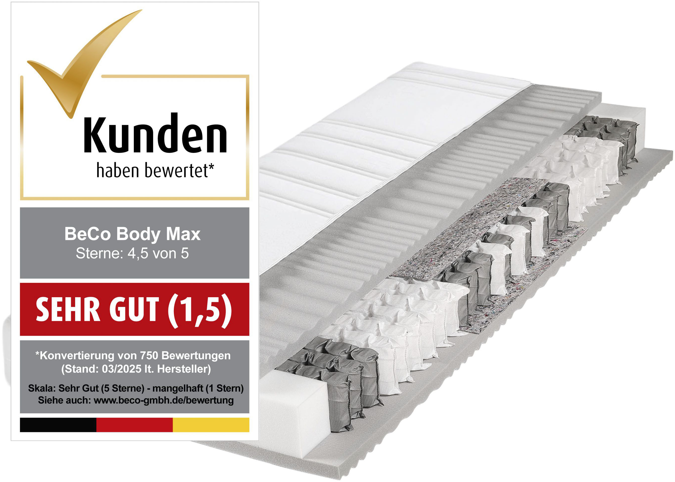 Taschenfederkernmatratze BECO, B:180cm H:22cm L:200cm, weiß, Bezug: 85% Polyester, 15% Polyamid. Steppfüllung: 100% Polyester, Matratzen, "BodyMax",