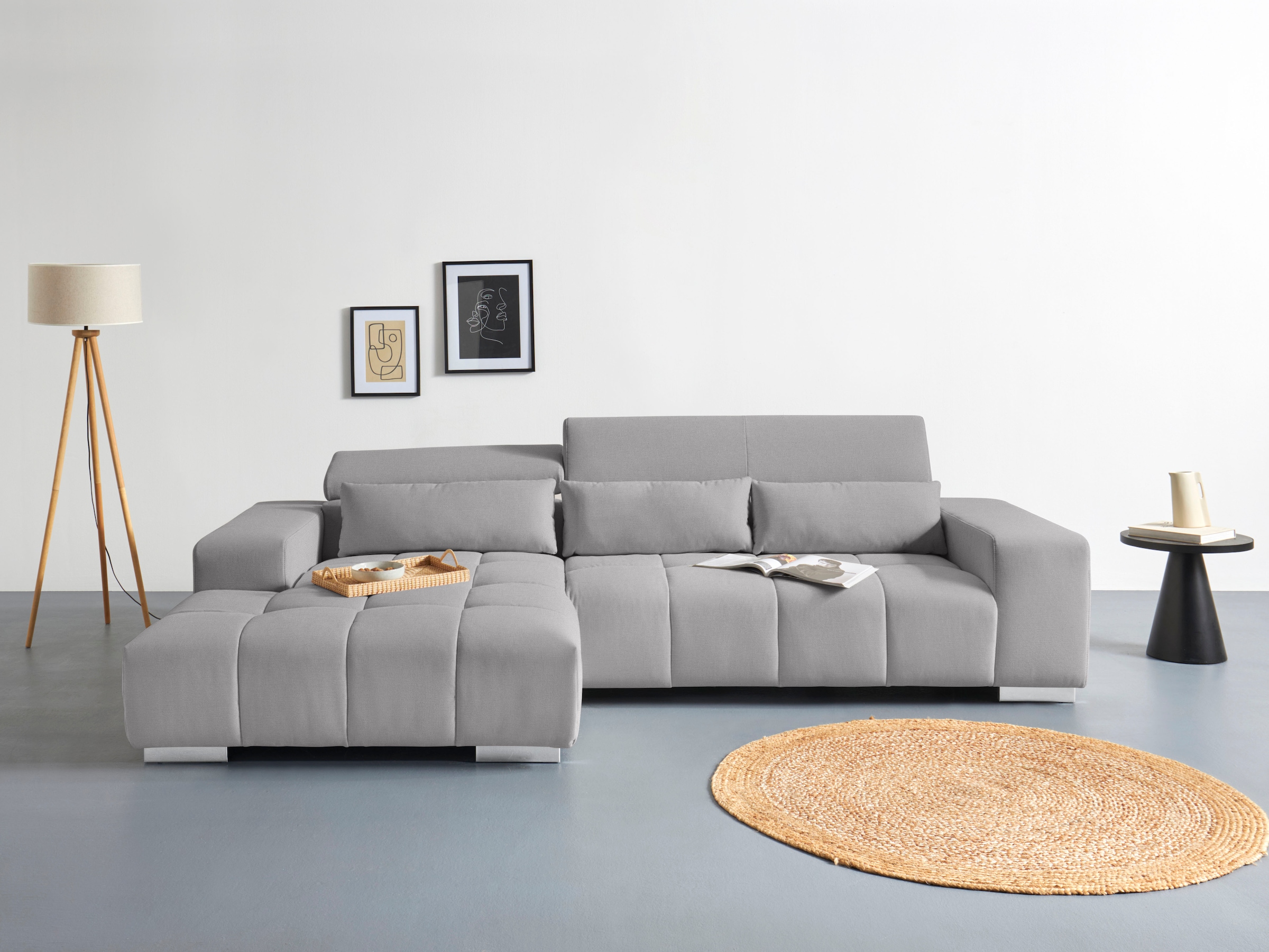 COTTA Ecksofa "Orion L-Form, B: 307 cm, moderne Steppung, bequeme Wellenunterfederung" 2x Kopfteilverstellung & 3 Nierenkissen