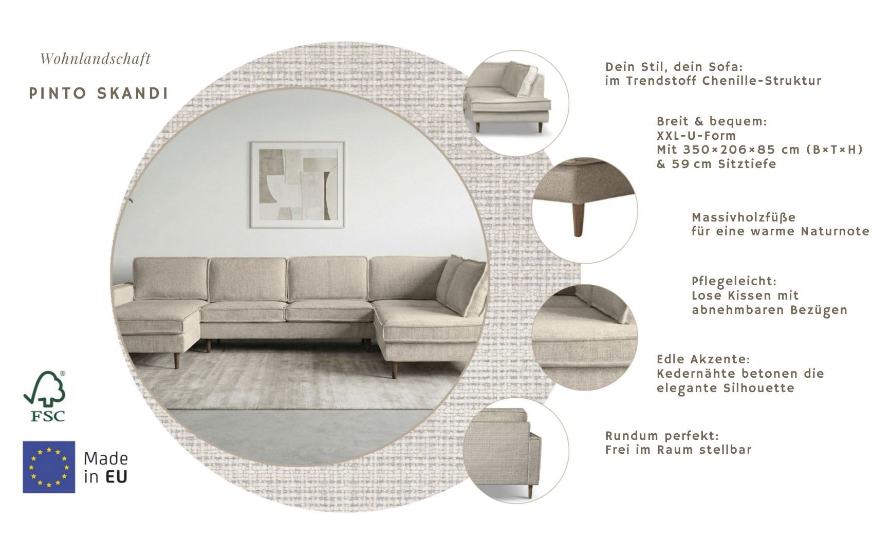 Thumbnail - Home affaire Wohnlandschaft "Pinto Skandi, 350 cm, U-Form, XXL, mit Ottomanen" mit Keder, Massivholzfüße Eiche geräucher...