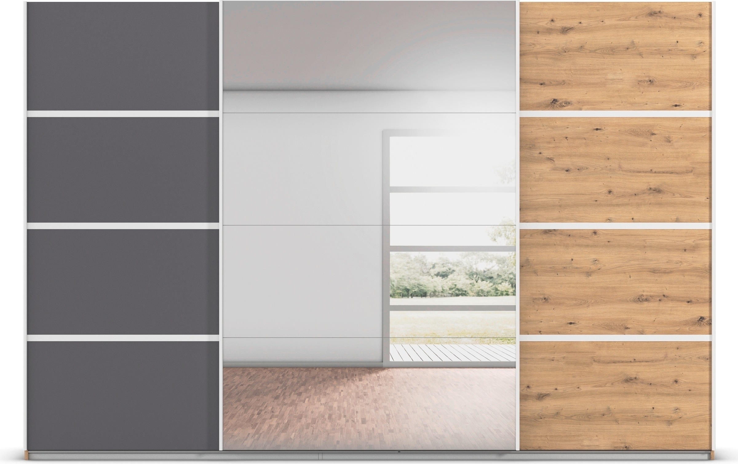 rauch Kleiderschrank »Schwebetürenschrank Garderobe Schrank TOP ANGEBOT Avola«, (in 3 verschiedenen Ausstattungen BASIC/CLASSIC/PREMIUM inkl. Spiegel), mit eleganten Zierleisten in Chrom, Schwarz oder Weiß MADE IN GERMANY