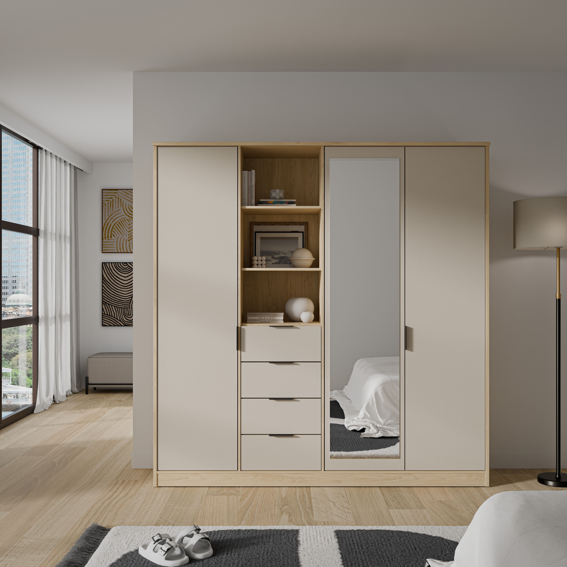 FORTE Kleiderschrank »Forte FORTASTA, 4 Schubladen, offene Ablage« B/H/T 207,5/212,7/52,7 cm, Spiegeltüre
