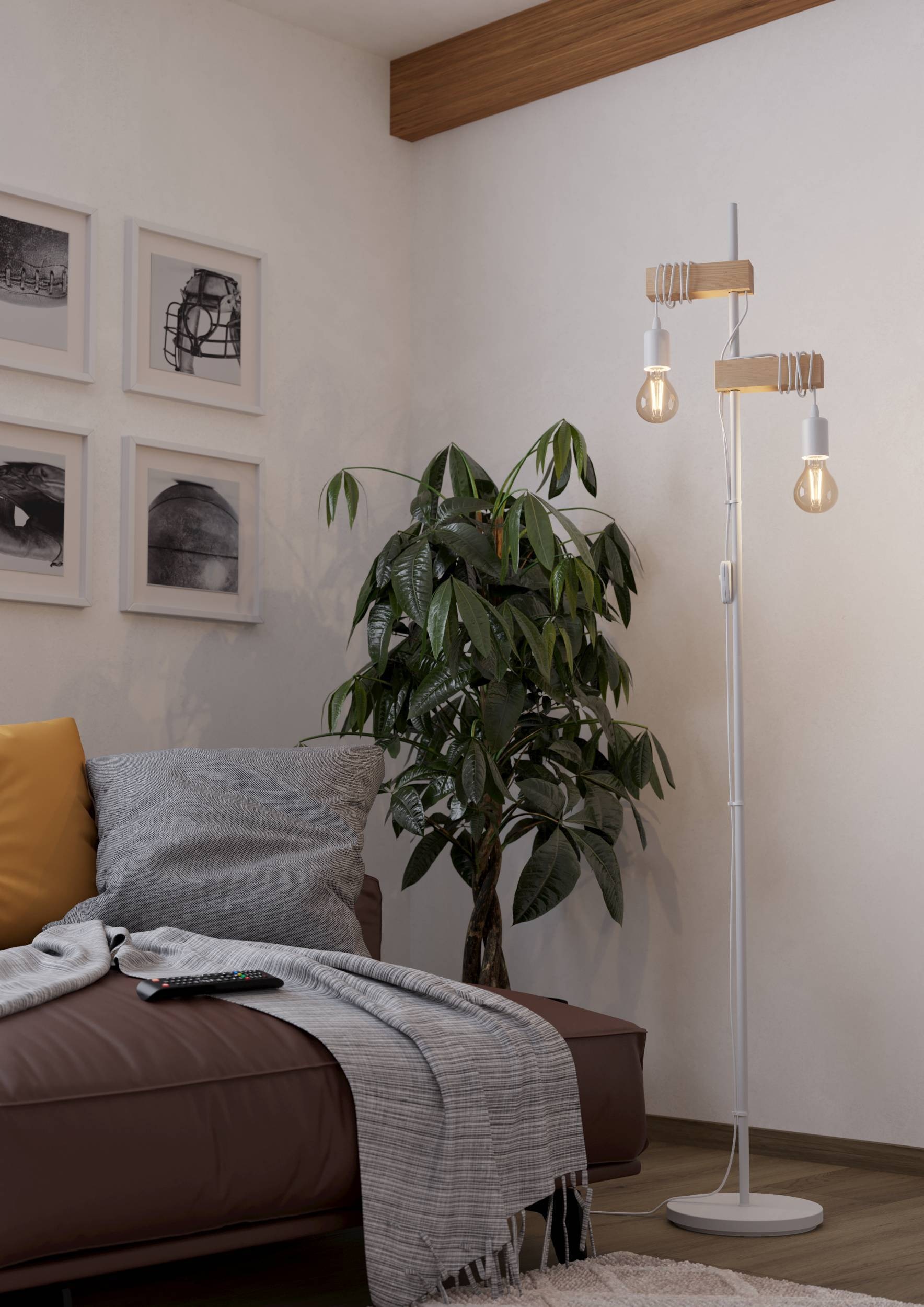 EGLO Stehlampe »Townshend Stehlampe, Standlampe, Vintage, Industrial, Retro, Holz, E27« E27 1 Stk. Stehleuchte - L20,5 x B25 x H166,5 cm - weiß - 2X10W exkl.