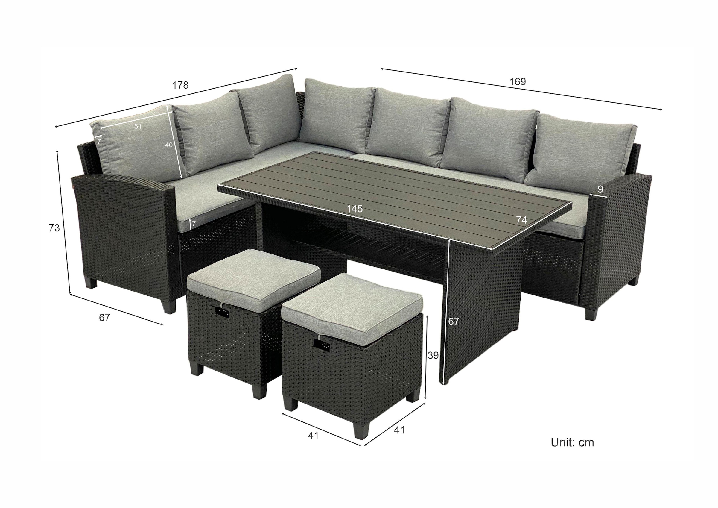 KONIFERA Gartenlounge-Set »Georgia«, (Set, 2x 3er Bank, 2x Hocker, 1x Tisch 145x74x67cm, Stahl, Polyrattan), inkl. Auflagen, Schwarz, Tischplatte aus Nonwood