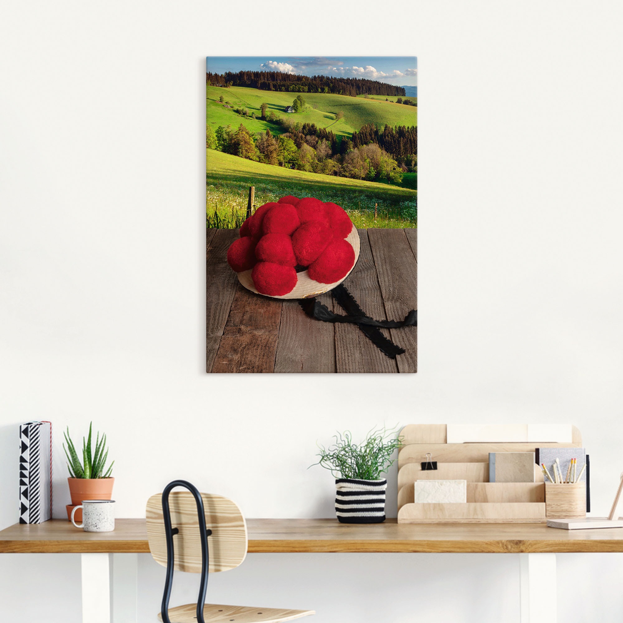 Artland Wandbild "Schwarzwälder Bollenhut auf Holztisch" Wiesen & Baumbilde günstig online kaufen