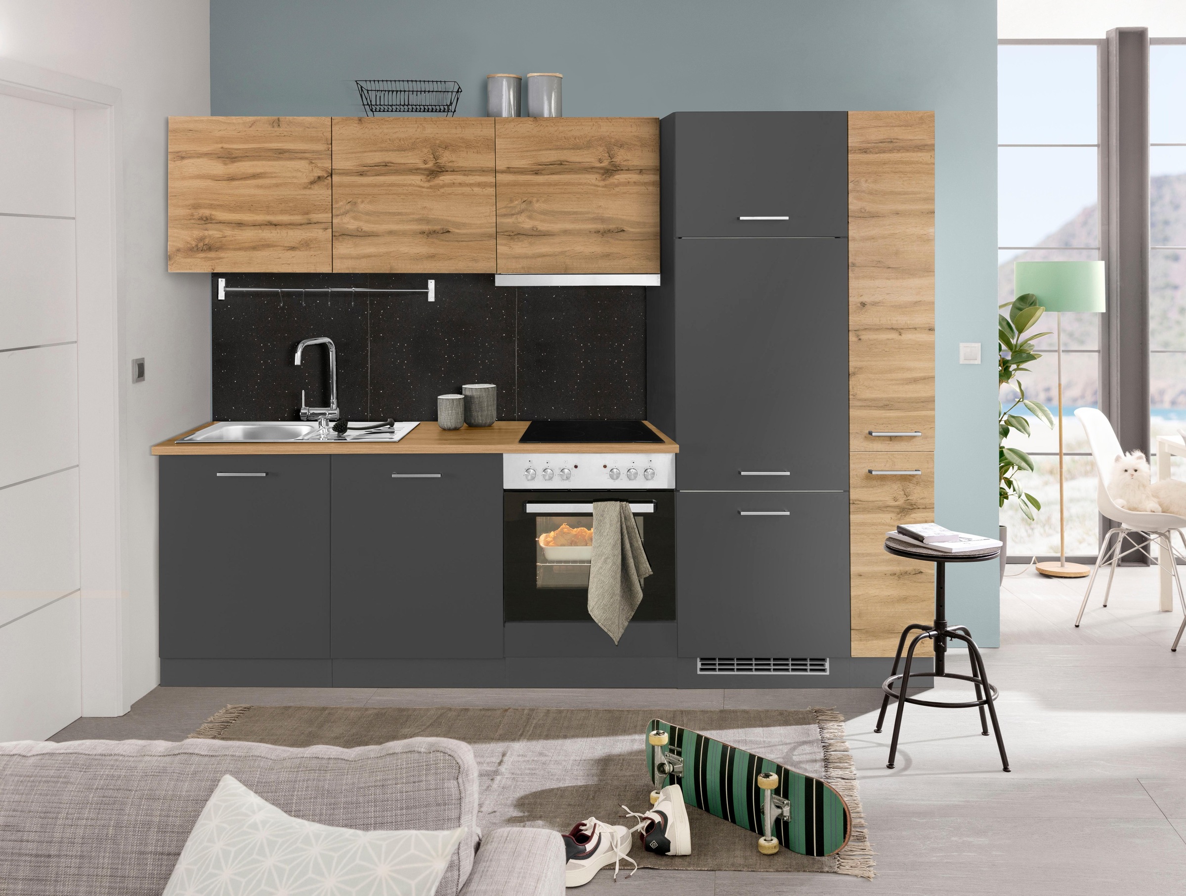 KOCHSTATION Küchenzeile »KS-Kehl«, mit E-Geräten, Breite 270 cm, inkl. Kühlschrank und Geschirrspüler