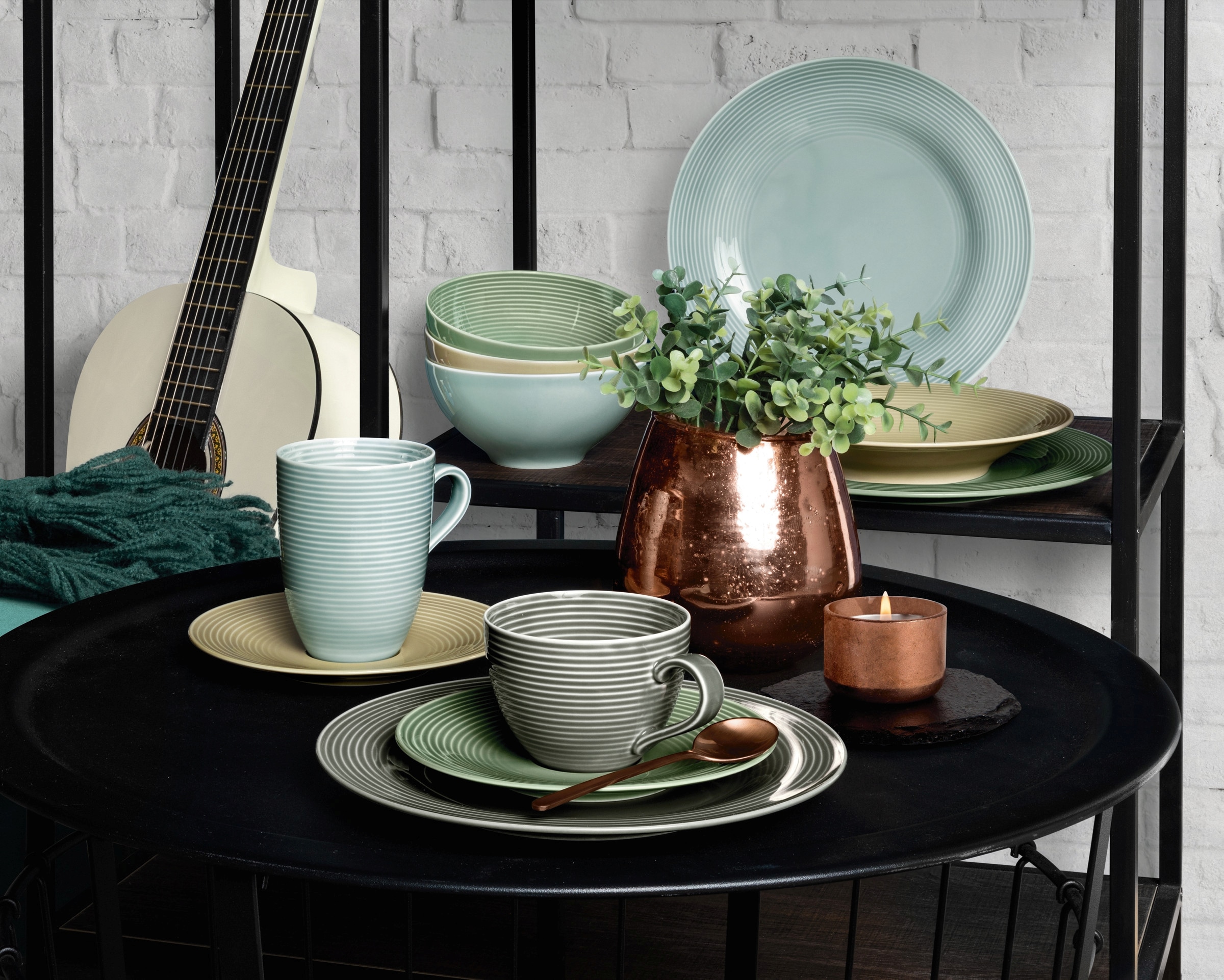 Seltmann Weiden Teeservice »Geschirr-Set Beat«, (Set, 18 tlg., 6 x Teeobertasse, 6 x Kombi-Untertasse klein, 6 x Brotteller), Teller, Tassen, Untertassen, Rillendekor, 18 Teile, für 6 Personen
