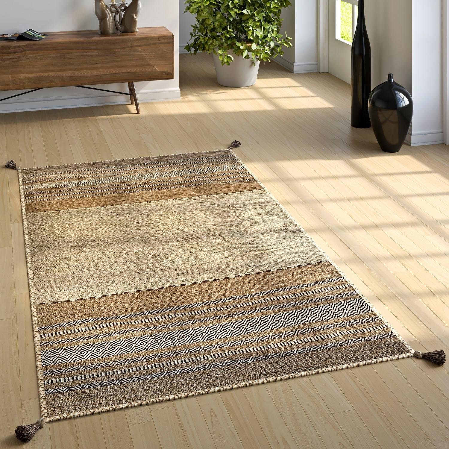 Paco Home Teppich »Kilim 217«, rechteckig, 12 mm Höhe, handgewebter Wendeteppich, reine Baumwolle, gestreift, Wohnzimmer