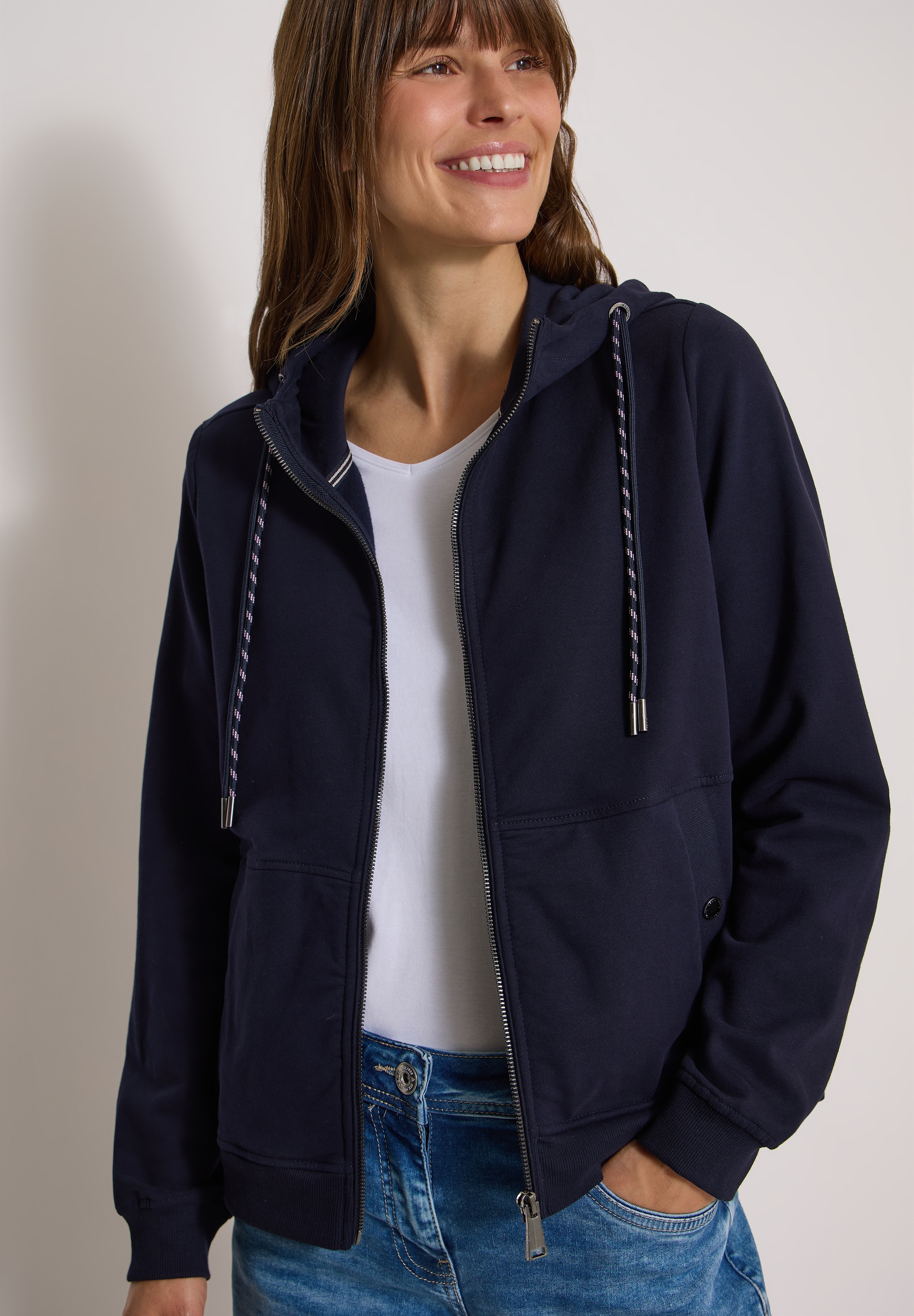 CECIL Damen Sweatjacke, blau, Gr. XL, unifarben, Sweatware, 95% Baumwolle, 5% Elasthan, Sweatjacken, mit Kapuze