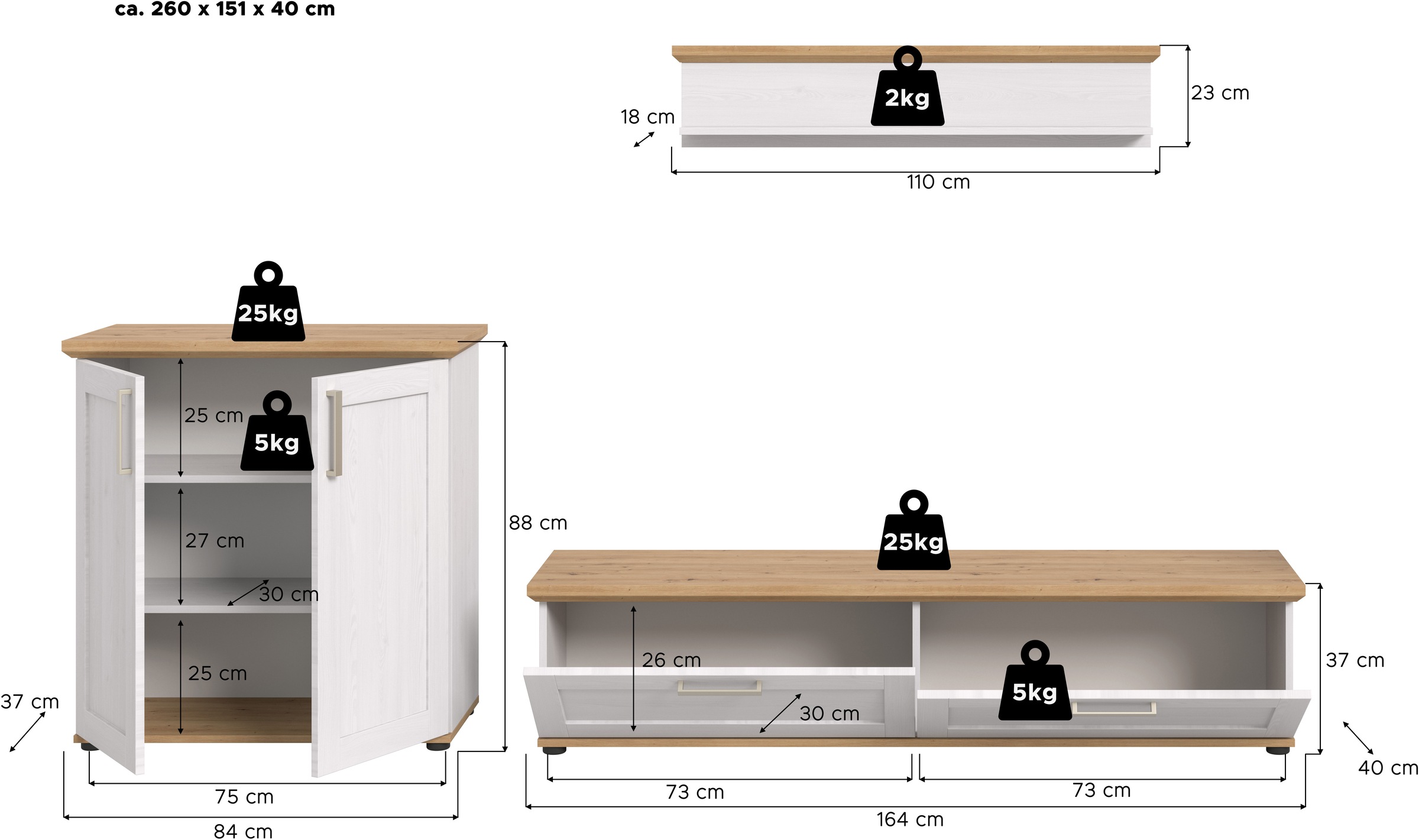 Home affaire Wohnwand »Cosenza«, (Set, 3 St.), Cosenza, Breite: 260 cm, Highboard, Lowboard, Wandboard