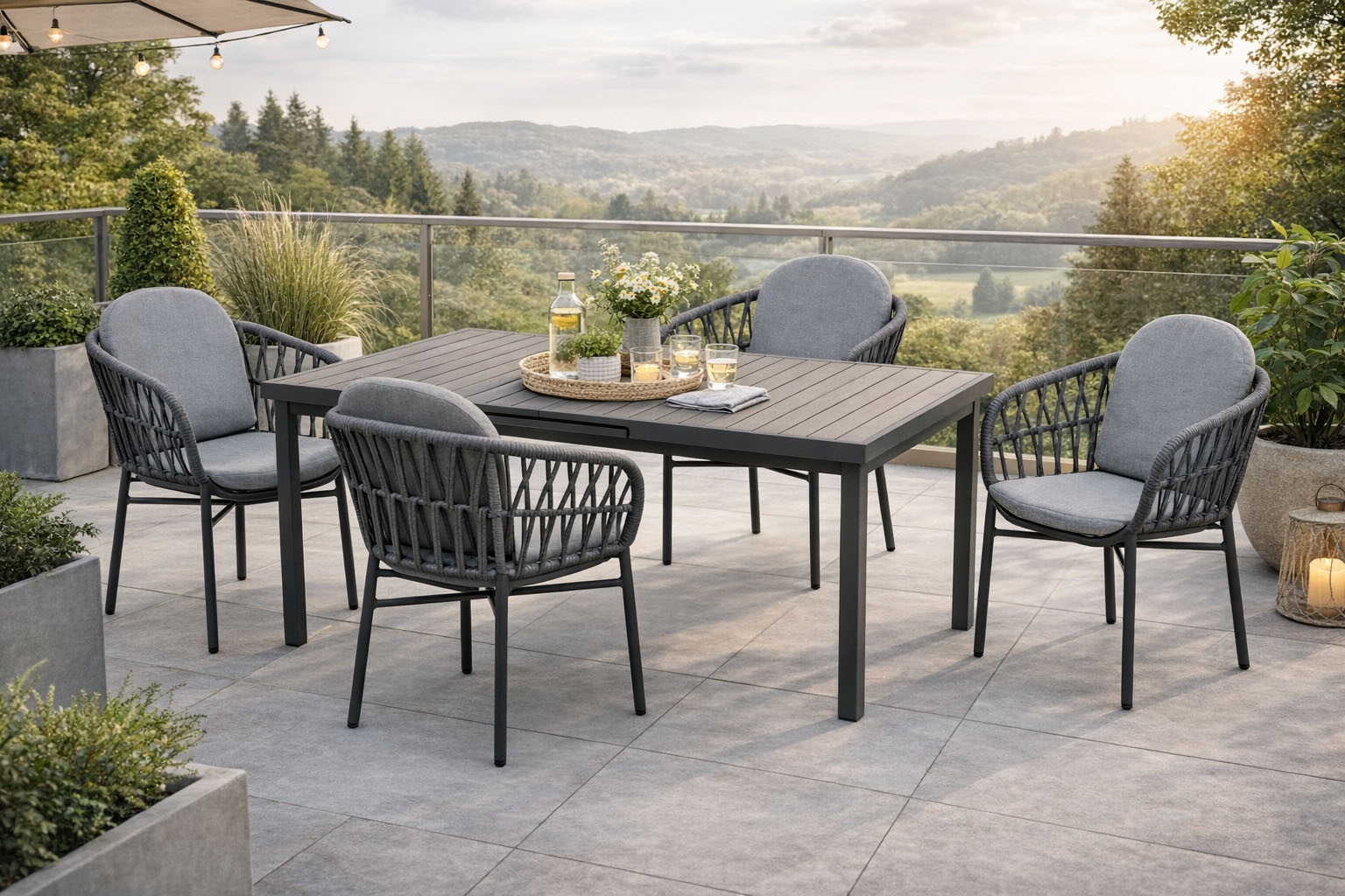 Destiny Garten-Essgruppe "COMO IMOLA 4 Se + Ausziehtisch 165/215x100cm, grau/ anthrazit" Set, Aluminium, Rope, Polywood