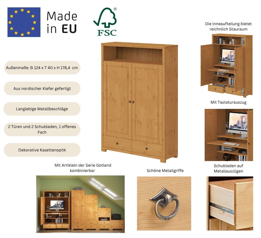 OTTO home Wäscheschrank »Clarius, Neuheit! Smarter ALLESKÖNNER, Mehrzweckschrank, Büroschrank«, (H/B/T ca. 180/125/40cm), mit Ausziehregal, Schublade, stabil + langlebig, Massivholz made in EU