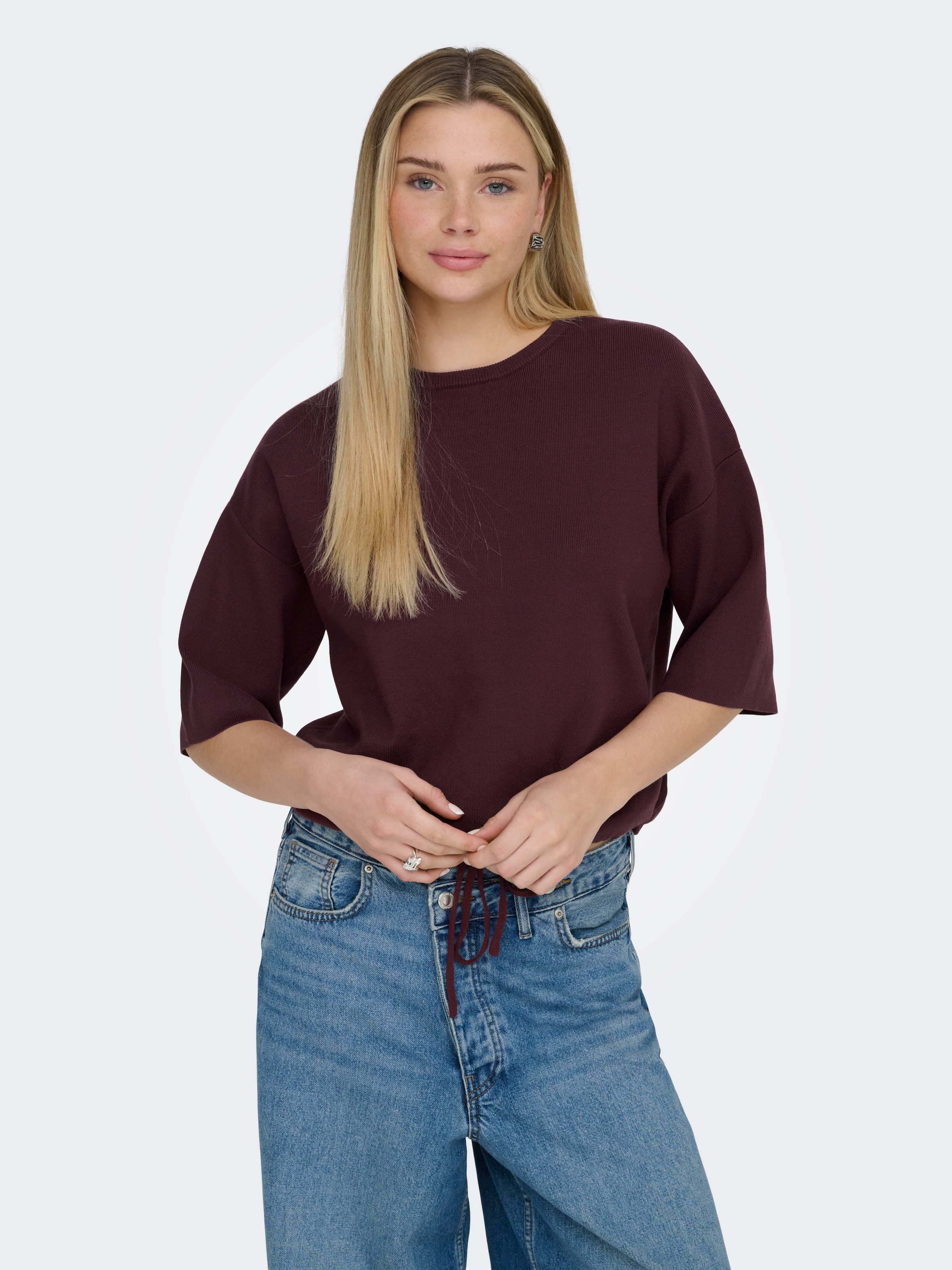ONLY Kurzarmpullover »ONLSITERI SS LOOSE TIE O-NECK TOP CC KNT«