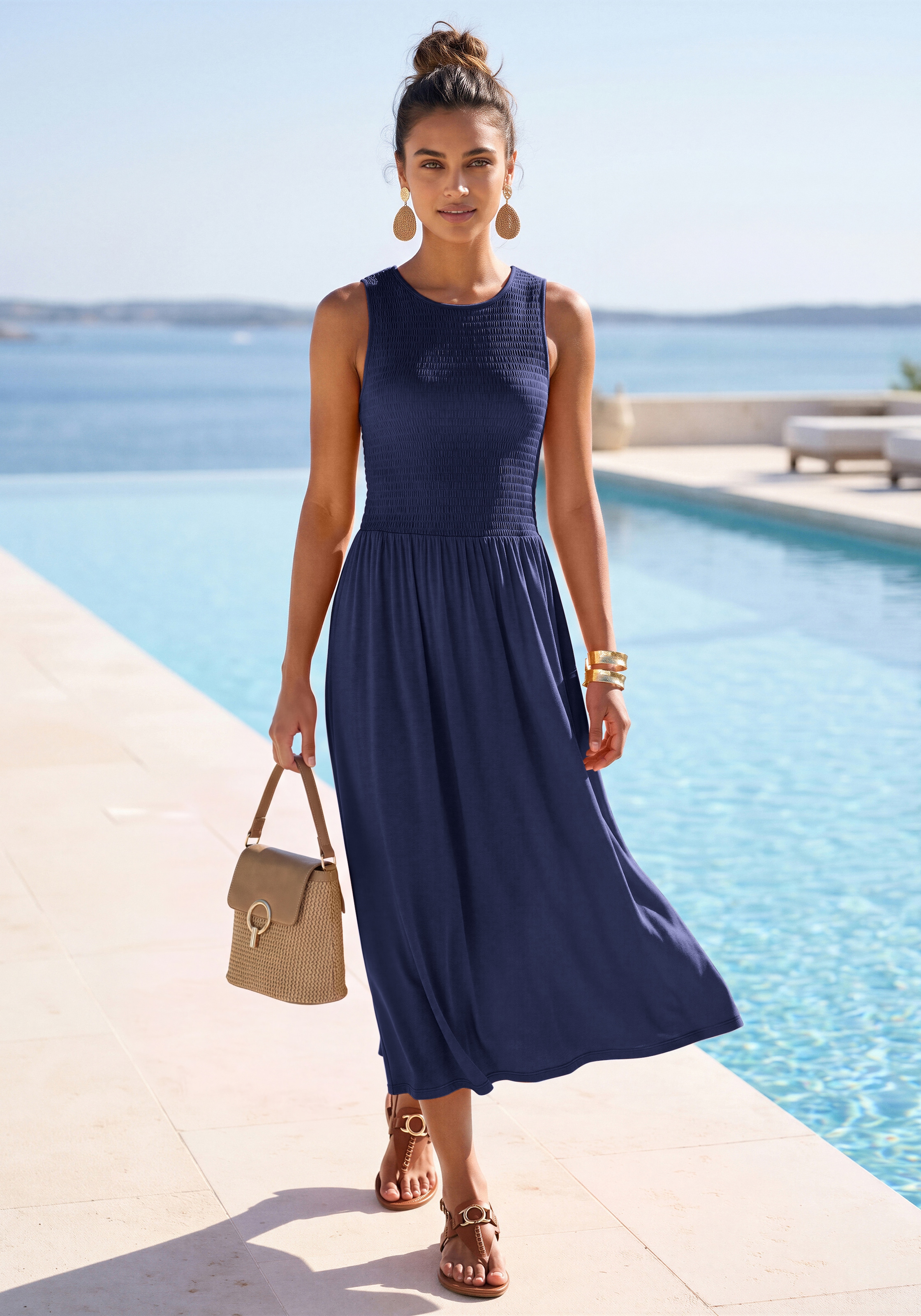 LASCANA Midikleid "mit gesmoktem Oberteil" Seitennahttaschen Leichtes Sommerkleid, Strandkleid, Viskosekleid