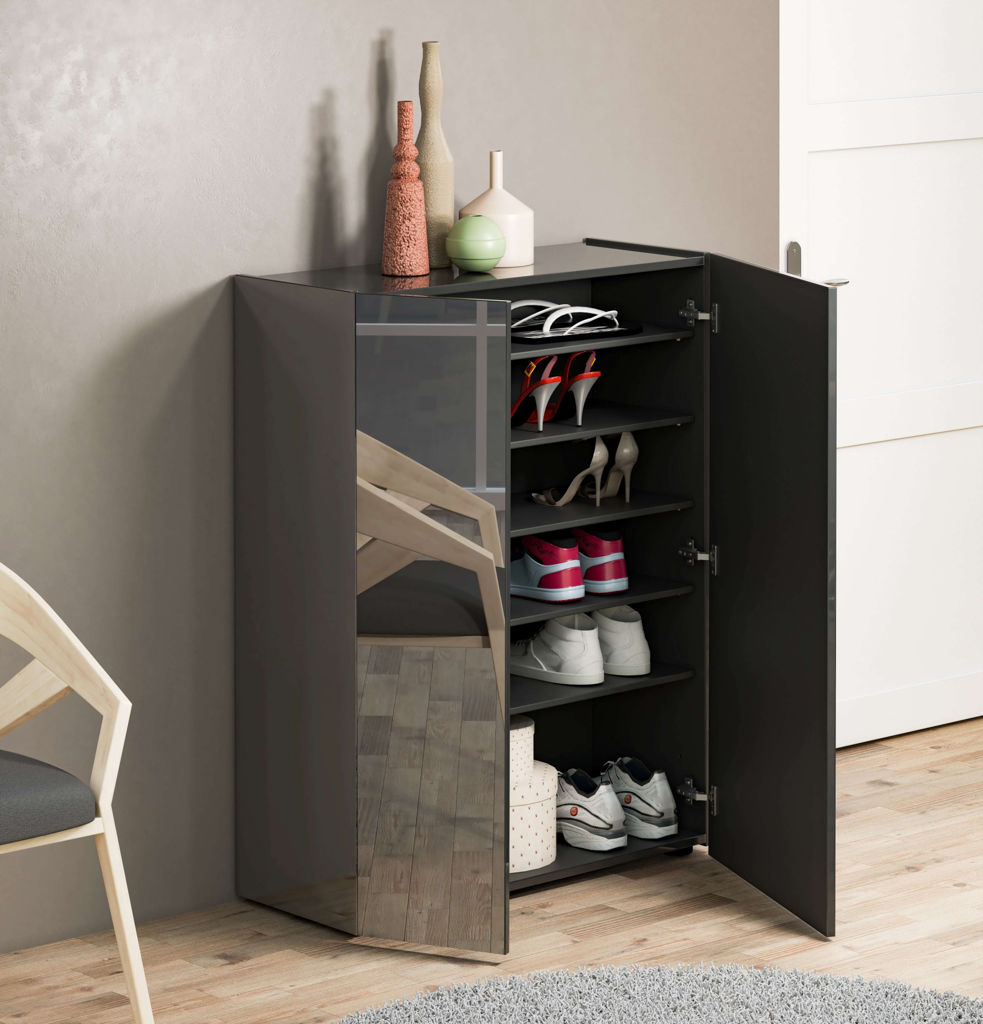 INOSIGN Schuhschrank »Tanko,Schukommode,mit 5 verstellbare Holzböden, individuelle Fachhöhe«, (1 St.), Tür und Seite mit verdunkeltem Spiegel,6 Fächer,24 paar Schuhe,87 cm