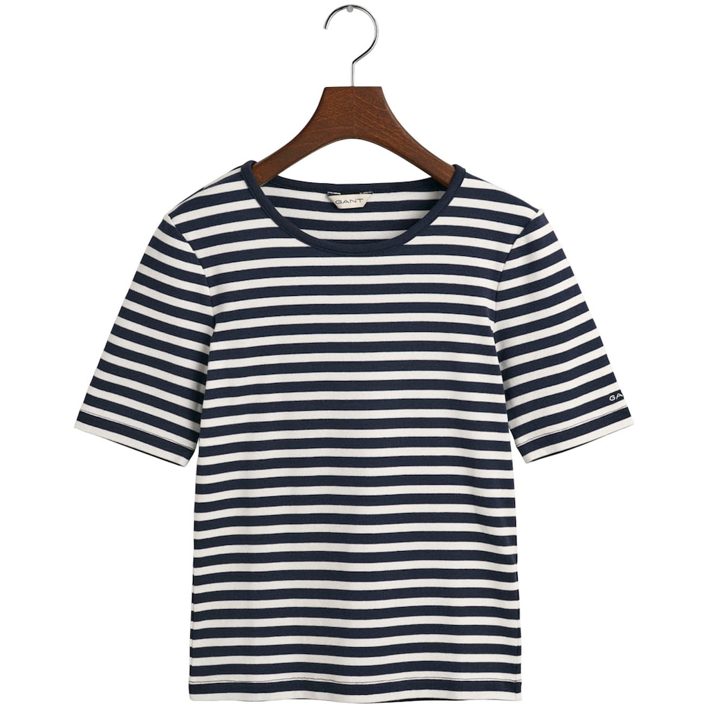 Gant T-Shirt »SLIM STRIPED 1X1 RIBBED KA T-SHIRT«, mit dezentem Logoschriftzug am Ärmelabschluss