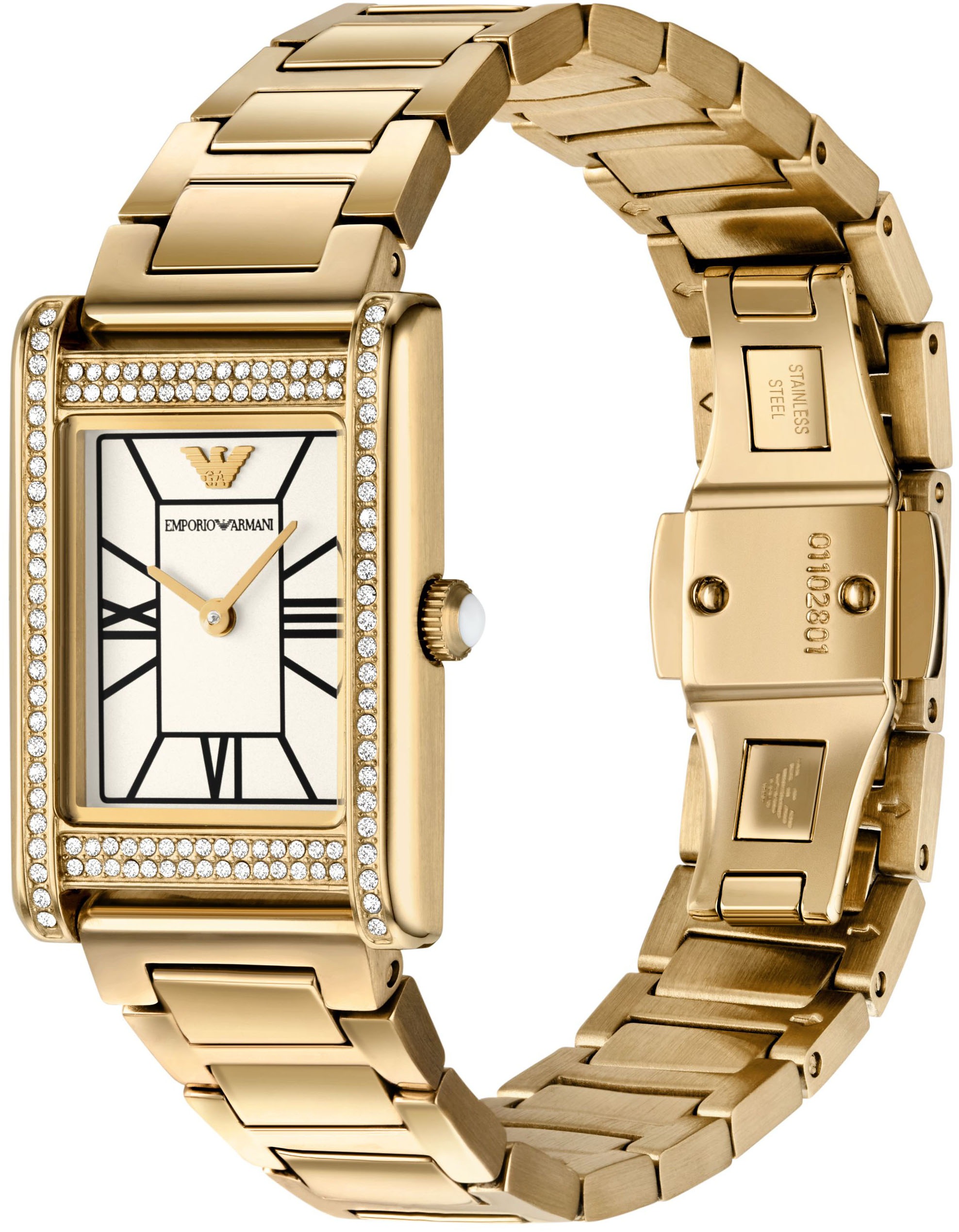 Emporio Armani Quarzuhr, Armbanduhr, Damenuhr, Edelstahlarmband, analog, Glassteine