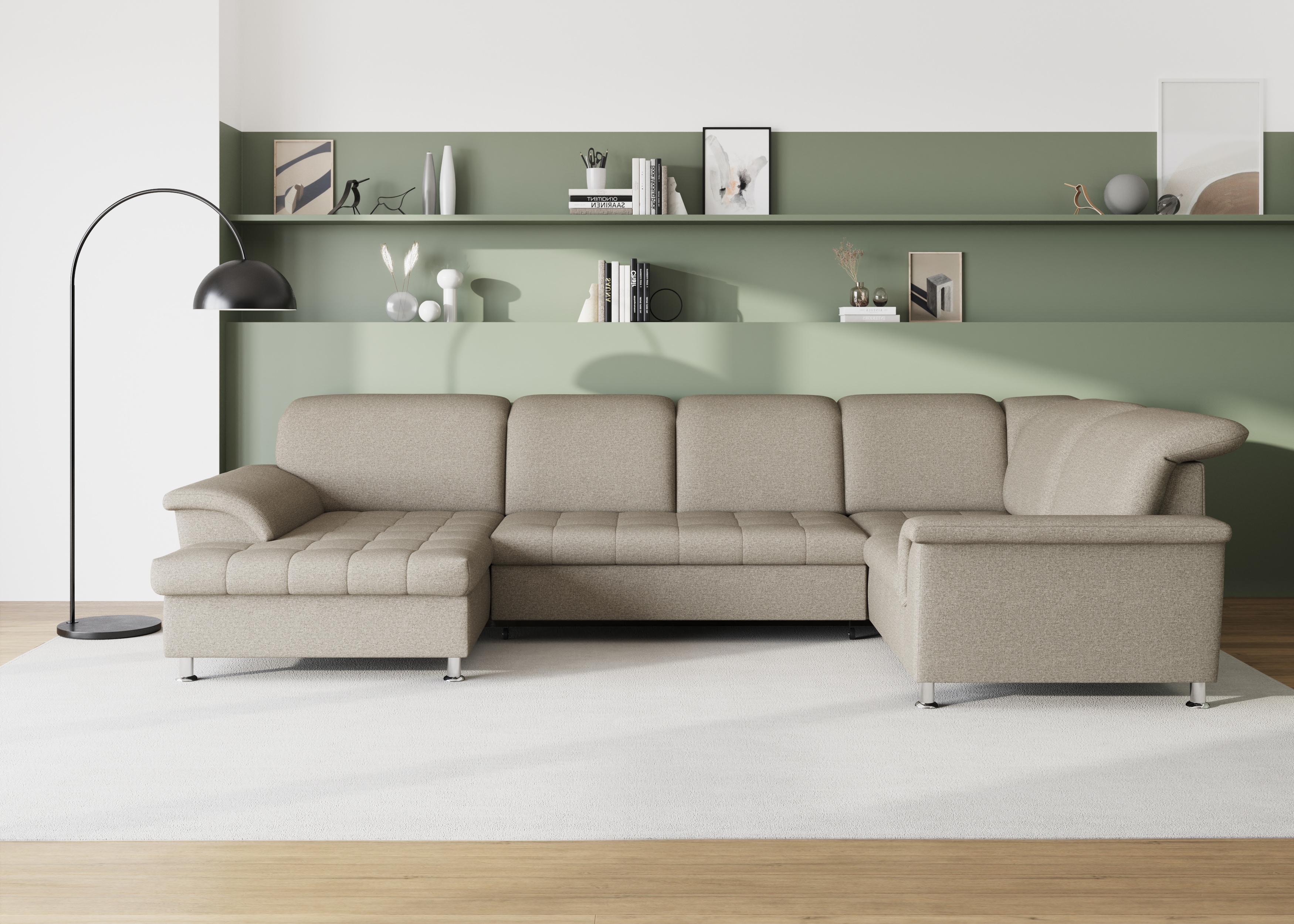 DOMO collection Wohnlandschaft "FRANZI optional mit Bettfunktion, Bettkasten & Kopfteilverstellung" U-Form, Recamiere links, schlamm, B/T: 352/214 cm
