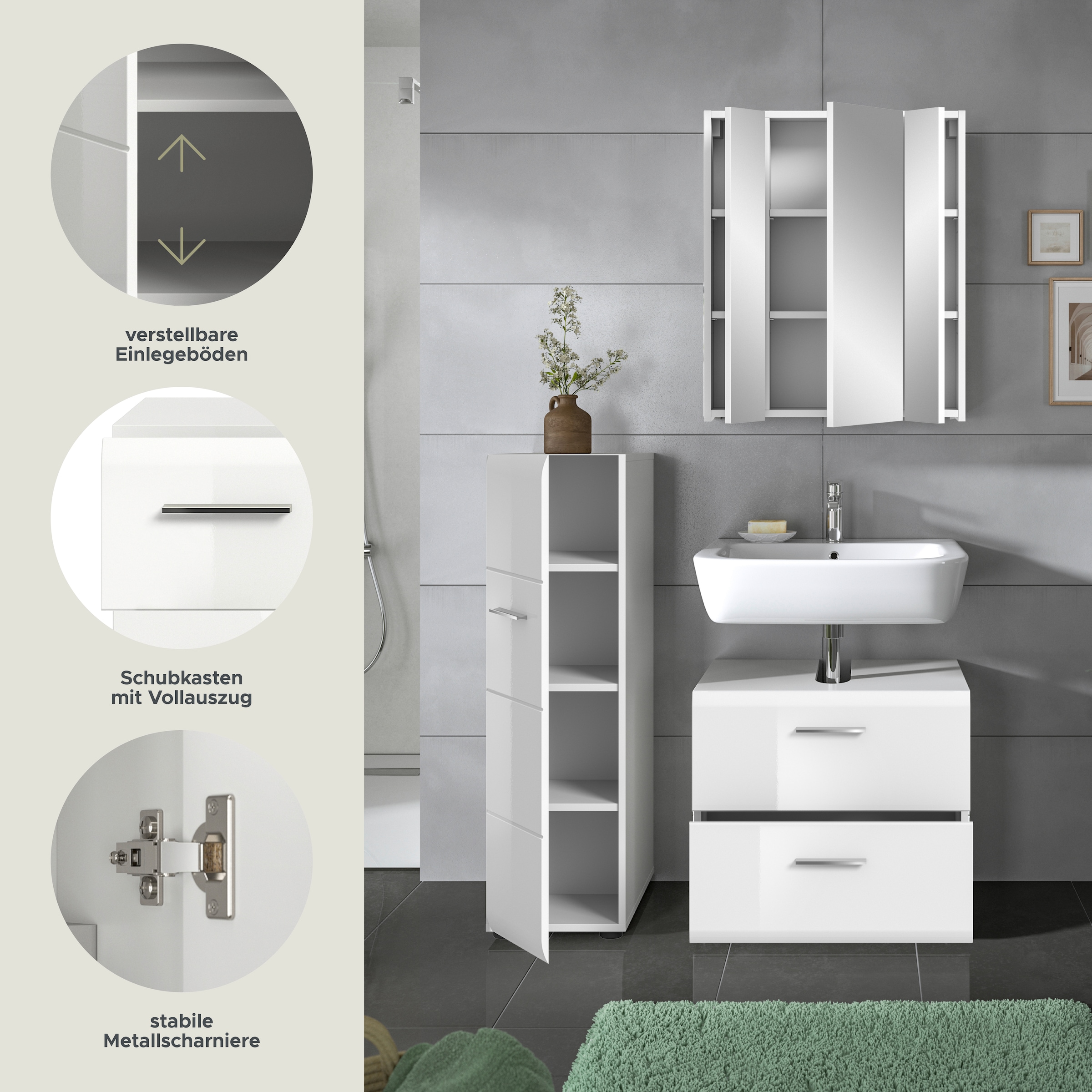 INOSIGN Badezimmer-Set, (Set, 3 St.), Florenz, Badkombination 3-tlg., Weiß hochglanz tiefzieh, Standschrank