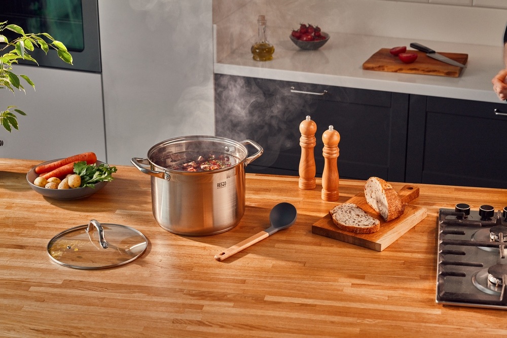 RESTO Kitchenware Kochtopf »Libra, Topf energiesparend und spülmaschinenfest«, Edelstahl 18/10, (2 tlg.), mit hitzebeständigem Glasdeckel und Griffen