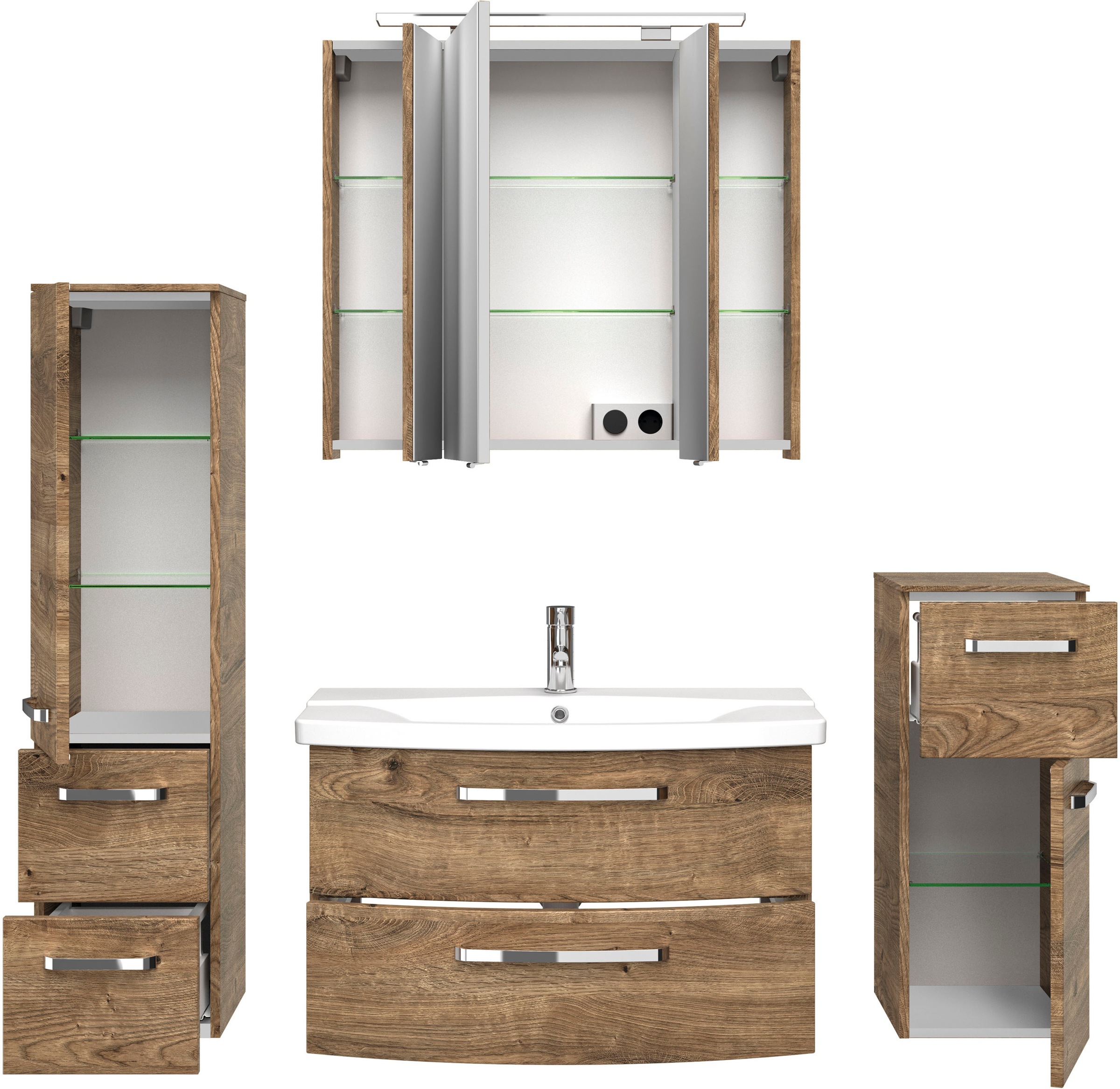 Saphir Badmöbel-Set »Serie 4010 4-teilig Keramik-Waschtisch mit LED-Spiegelschrank«, (Set), Badezimmer Set mit Unterschrank, Midischrank, inkl. Türdämpfer