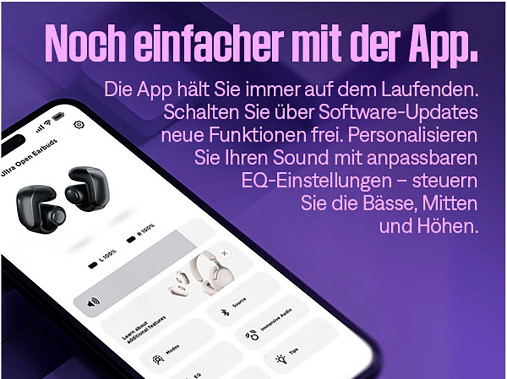 Bose Kopfhörer »Ultra Open Earbuds mit 2 Modi: Immersive Sound, Stereo«, Bluetooth, Stummschaltung, Simple Sync, Google Fast Pair, Umgebung wahrnehmen