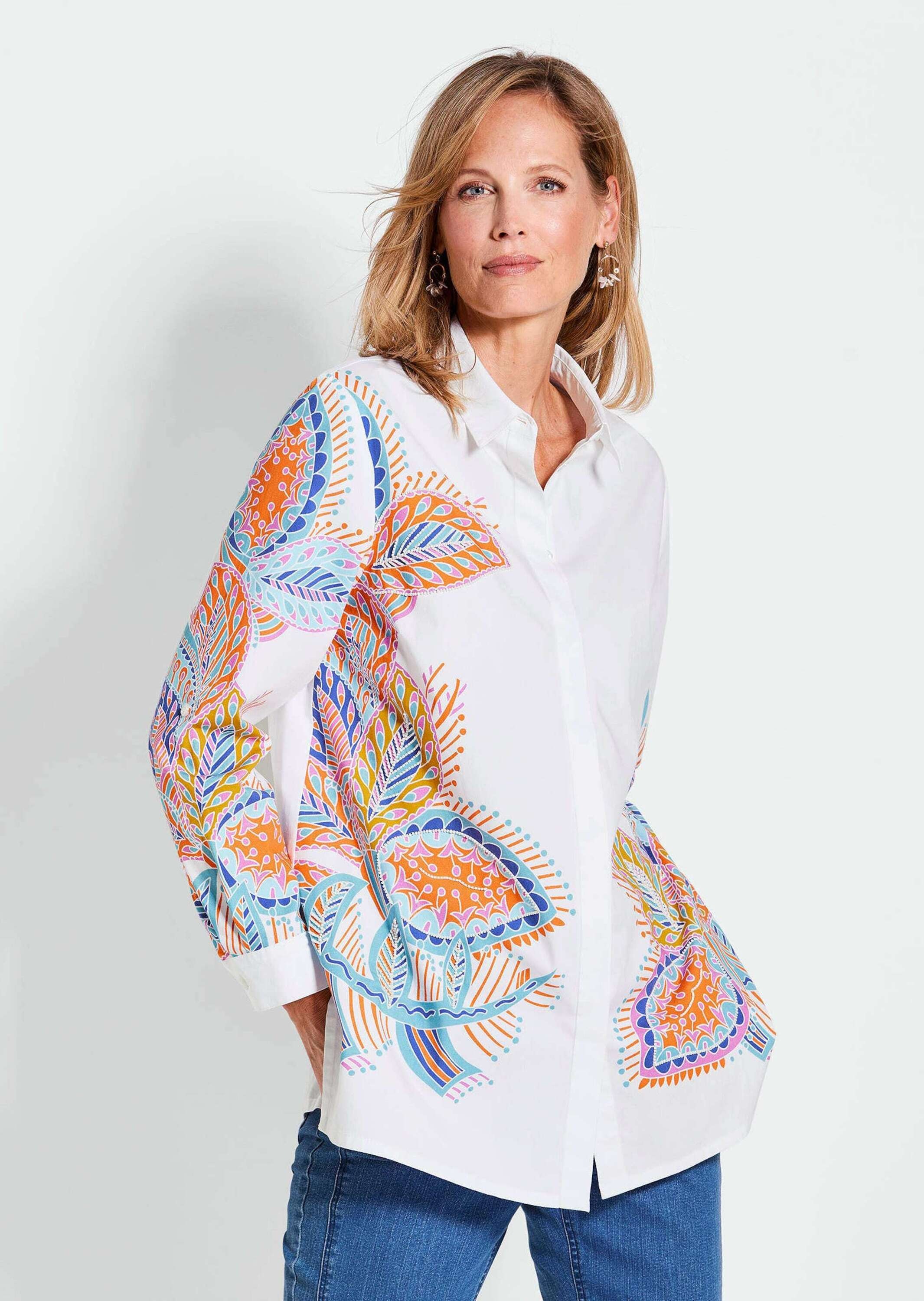 GOLDNER Kurzarmbluse "Elegante Langarmbluse mit Print" Perlenstickerei günstig online kaufen