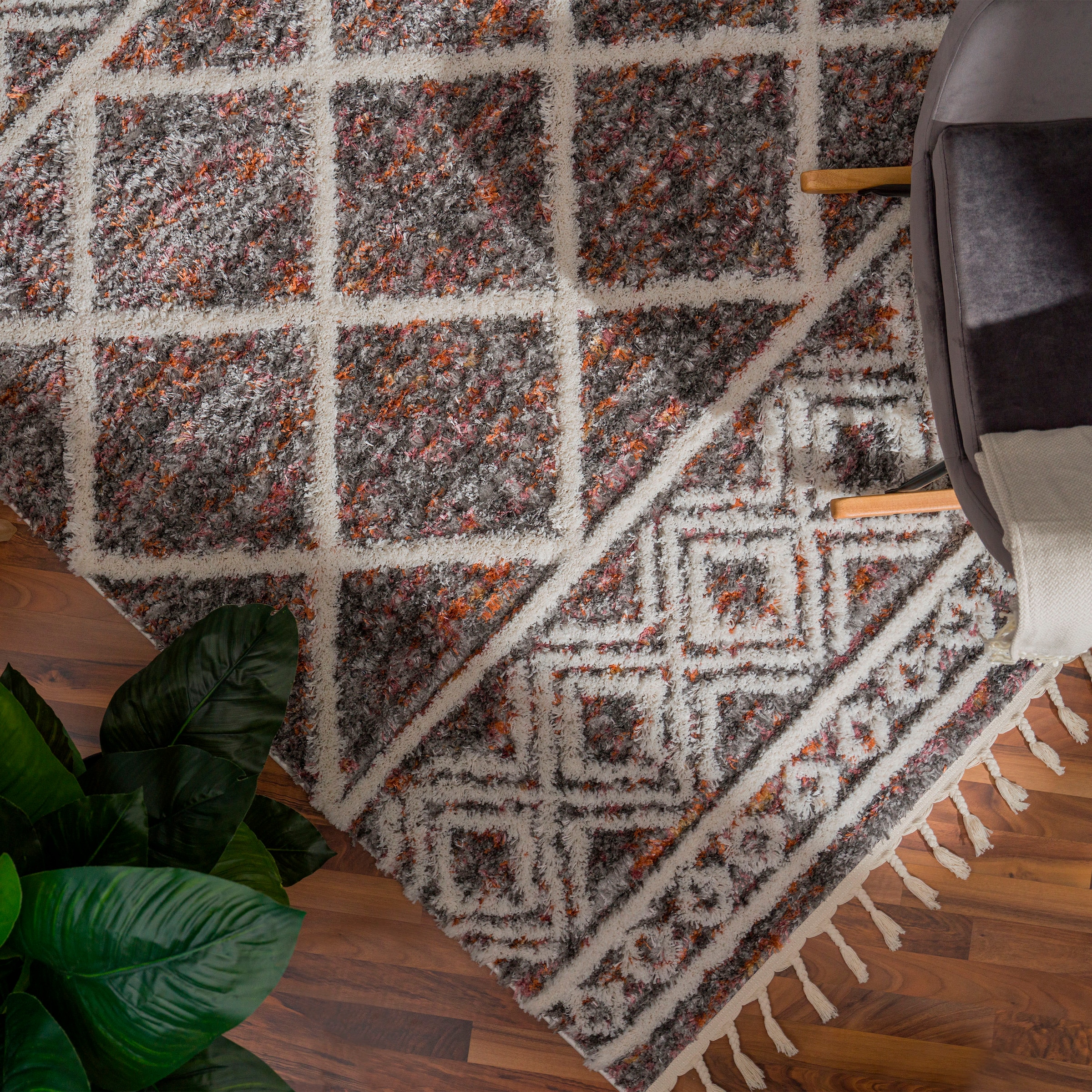 Paco Home Hochflor-Teppich »Monza 651«, rechteckig, 34 mm Höhe, meliert, Rauten Muster, 3D-Effekt, mit Fransen
