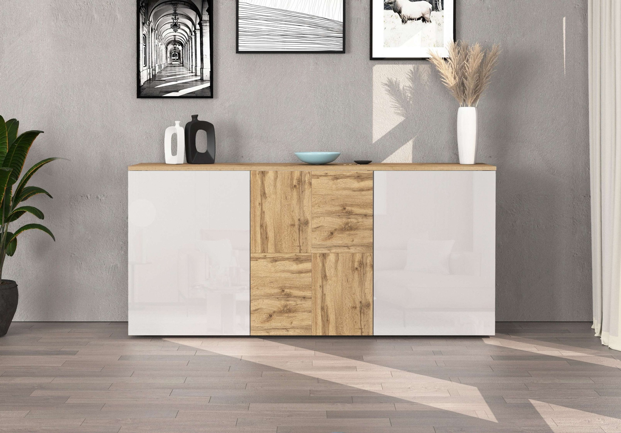INOSIGN Sideboard »Sideboard ISEO, Kommode, Schrank, Kredenz« 1 Stk. tlg. stehend/hängend, 3 Türen HG lackiert, 6 Fächer, B 150 cm