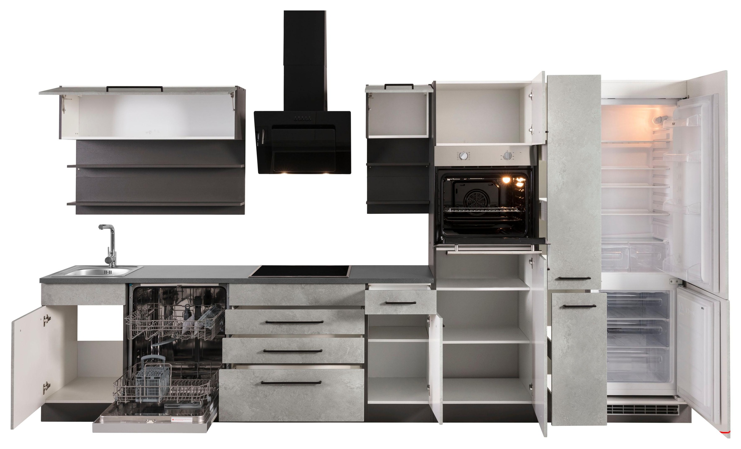 KOCHSTATION Küchenzeile »KS-Tulsa«, mit E-Geräten, Breite 380 cm, schwarze Metallgriffe, MDF Fronten