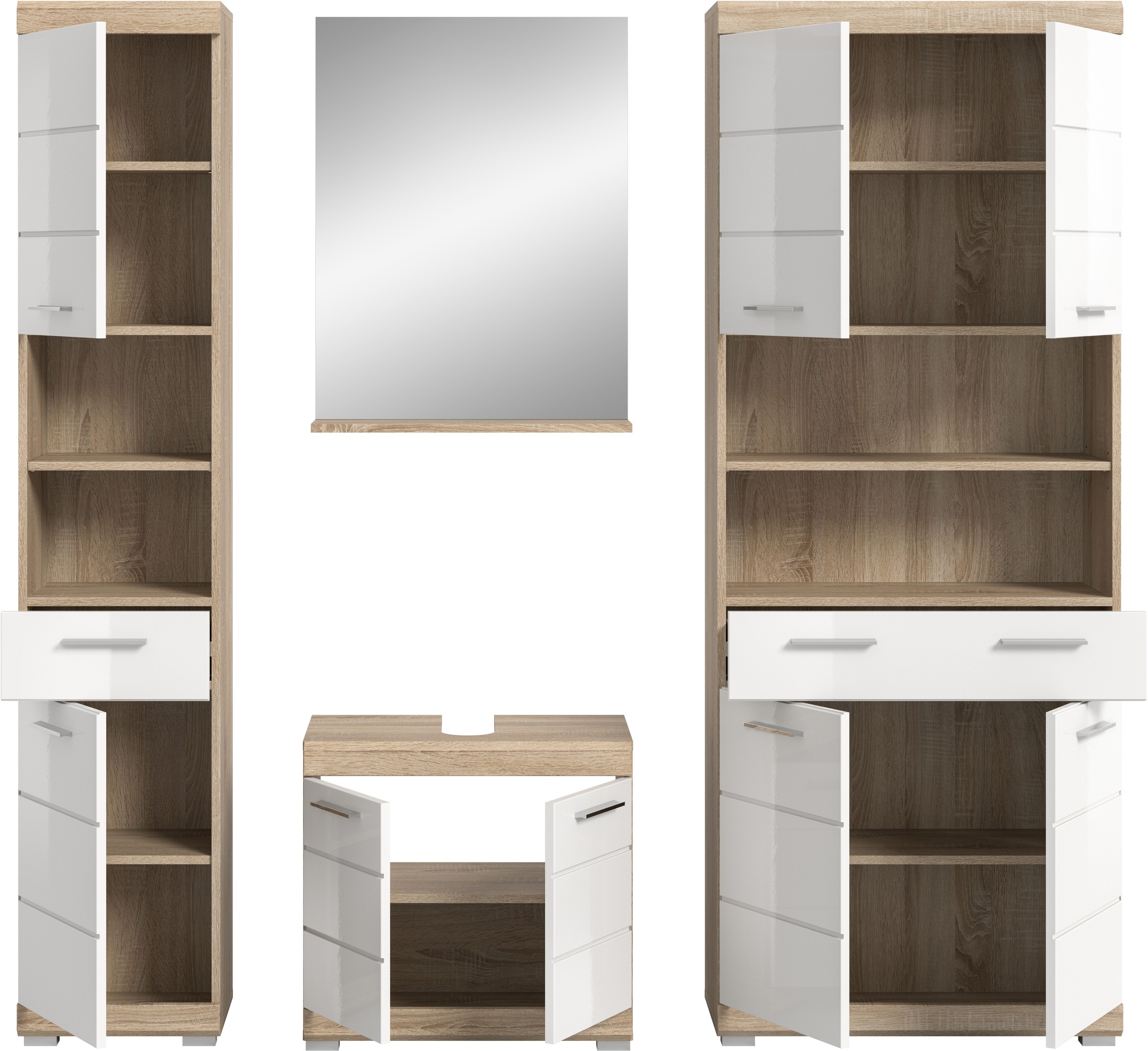 INOSIGN Badmöbel-Set »Siena, 4 teilig, bestehend aus:«, (Set), Hochschrank, Waschbeckenunterschrank, Badspiegel, Hochschrank breit