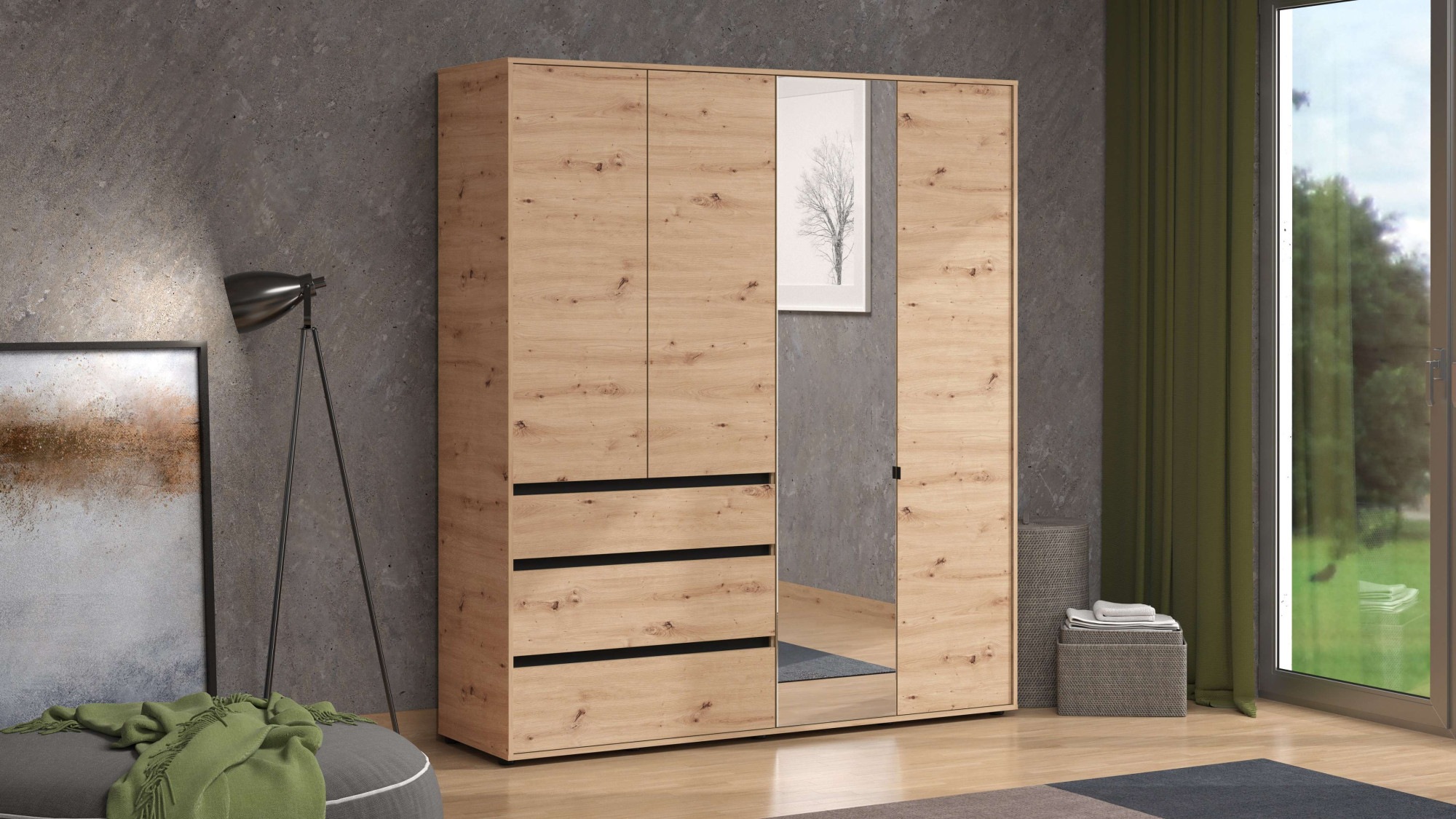 Home affaire Kleiderschrank "Corbett, grifflose Optik, FSC-zertifziert, Made in Europe" 138 oder 182,5cm breit, 211cm hoch und 54,5cm tief, mit Spiegel, 3 Schubladen und Innenausstattung