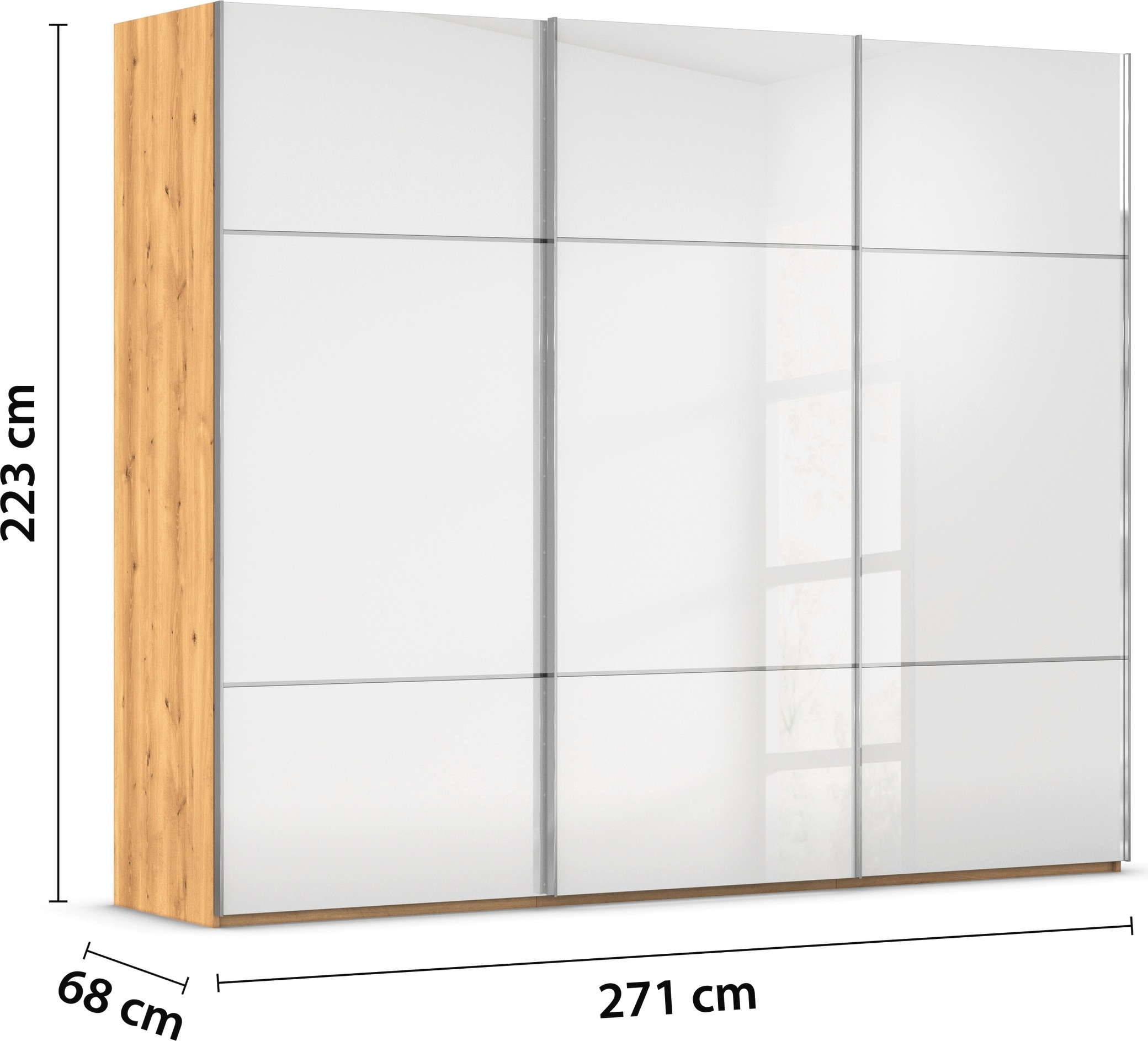 rauch Schwebetürenschrank »Kleiderschrank Schrank Garderobe Schlafzimmerschrank SCALE-TRIO«, edle dreigeteilte Front mit 2 Zierleisten Glasfront MADE IN GERMANY