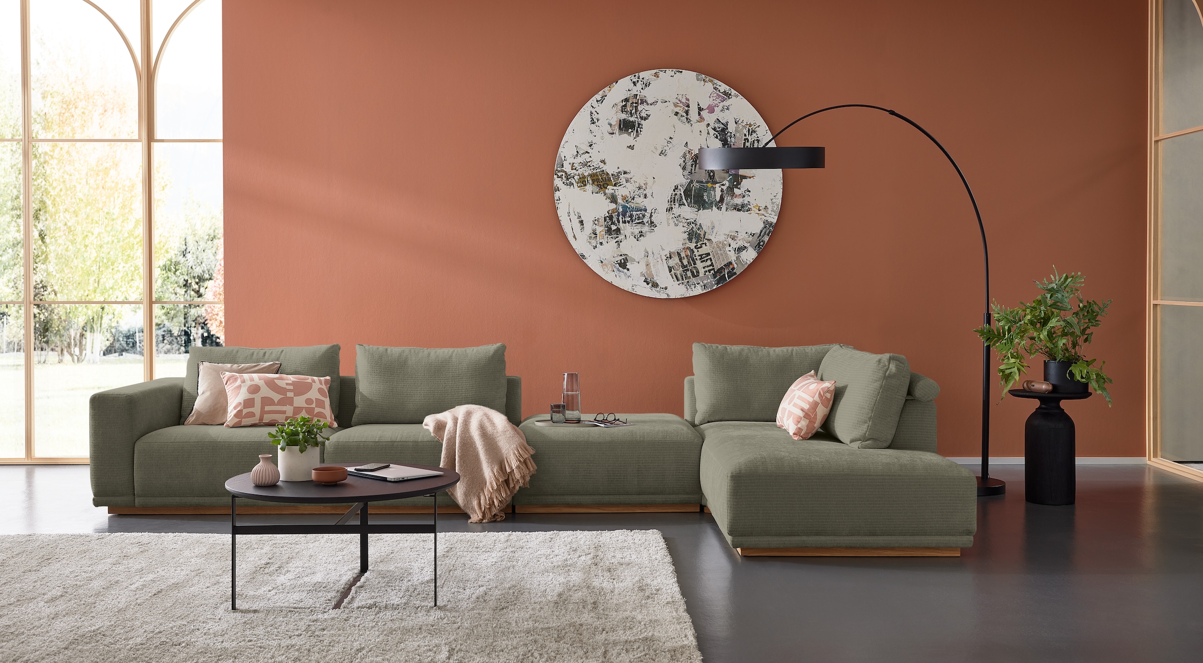 Musterring Wohnlandschaft "JustB PM200 bequem, wahlw. Sitzvorzug, Breite 395cm, Holzsockel" Anreihsofa Armteil links, Eckteil rechts und Hocker. Elekt. Sitzvorzug