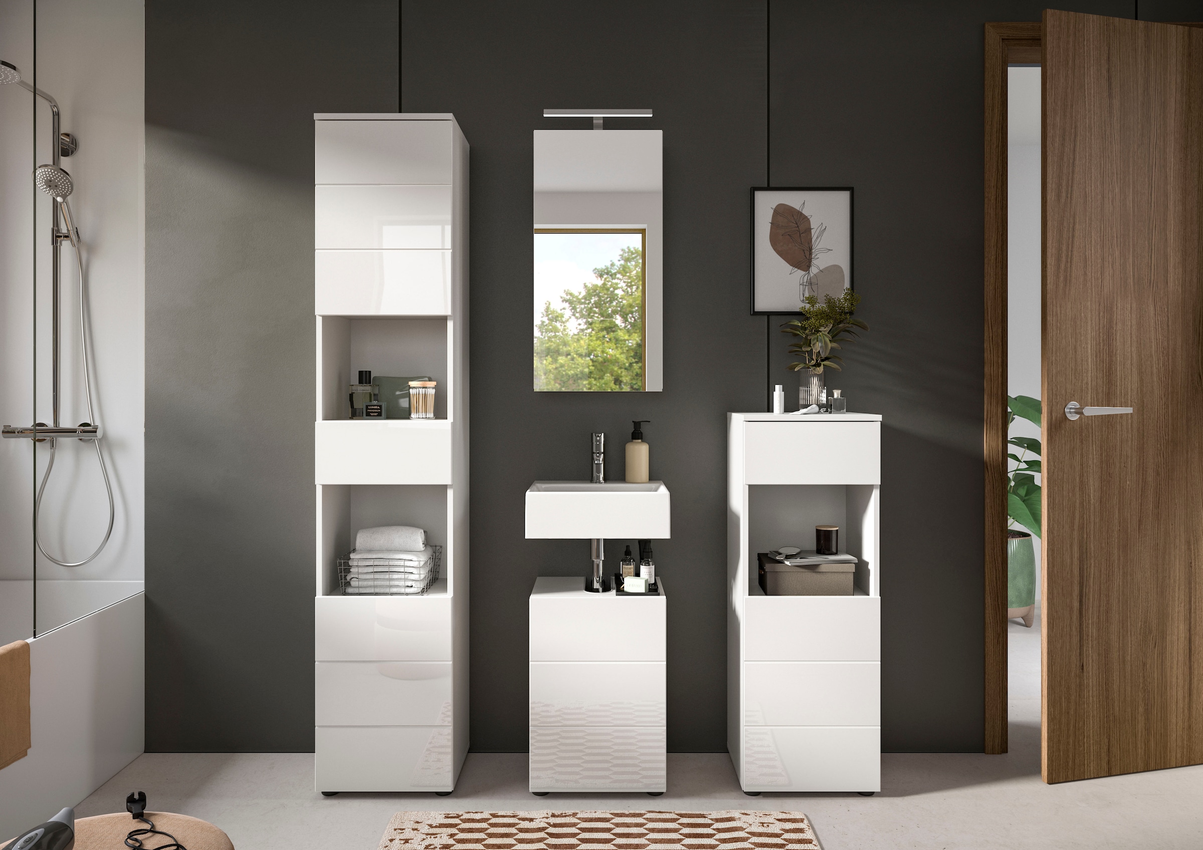 welltime Badmöbel-Set »Biel, Höhe 190 cm,Hochschrank,WBU, Spiegelschrank, Unterschrank, Lampe«, (5 St.), Bad Set, modern, Hoch-und Unterschrank, Spiegel, Aufsatzleuchte