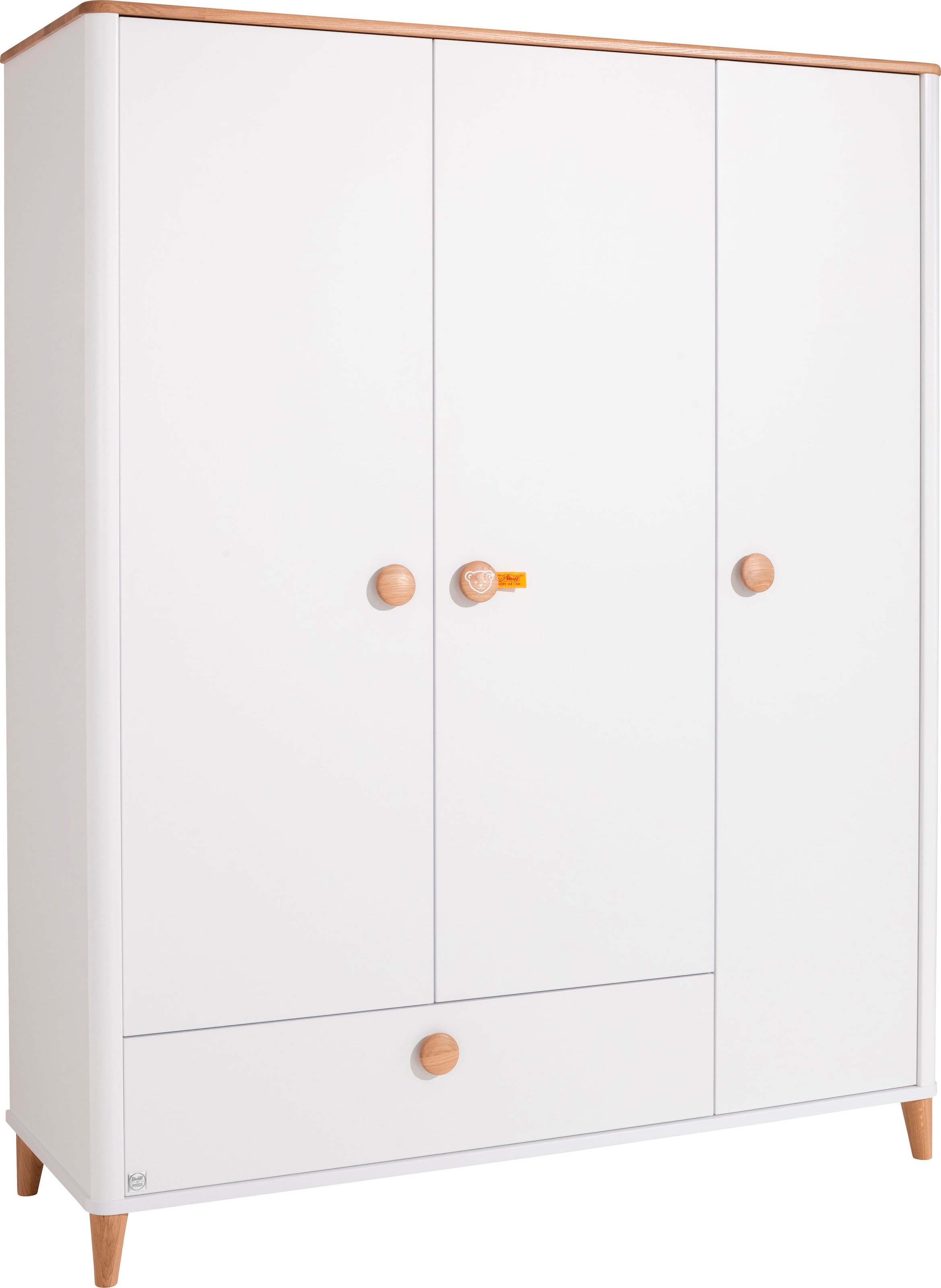 PAIDI Kleiderschrank "LOTTE & FYNN Steiff by PAIDI, 3 Türen und 1 Schublade mit Soft-Close" inkl. Kleiderstangen und Einlegeböden, Schrank in Weiß mit Massivholz