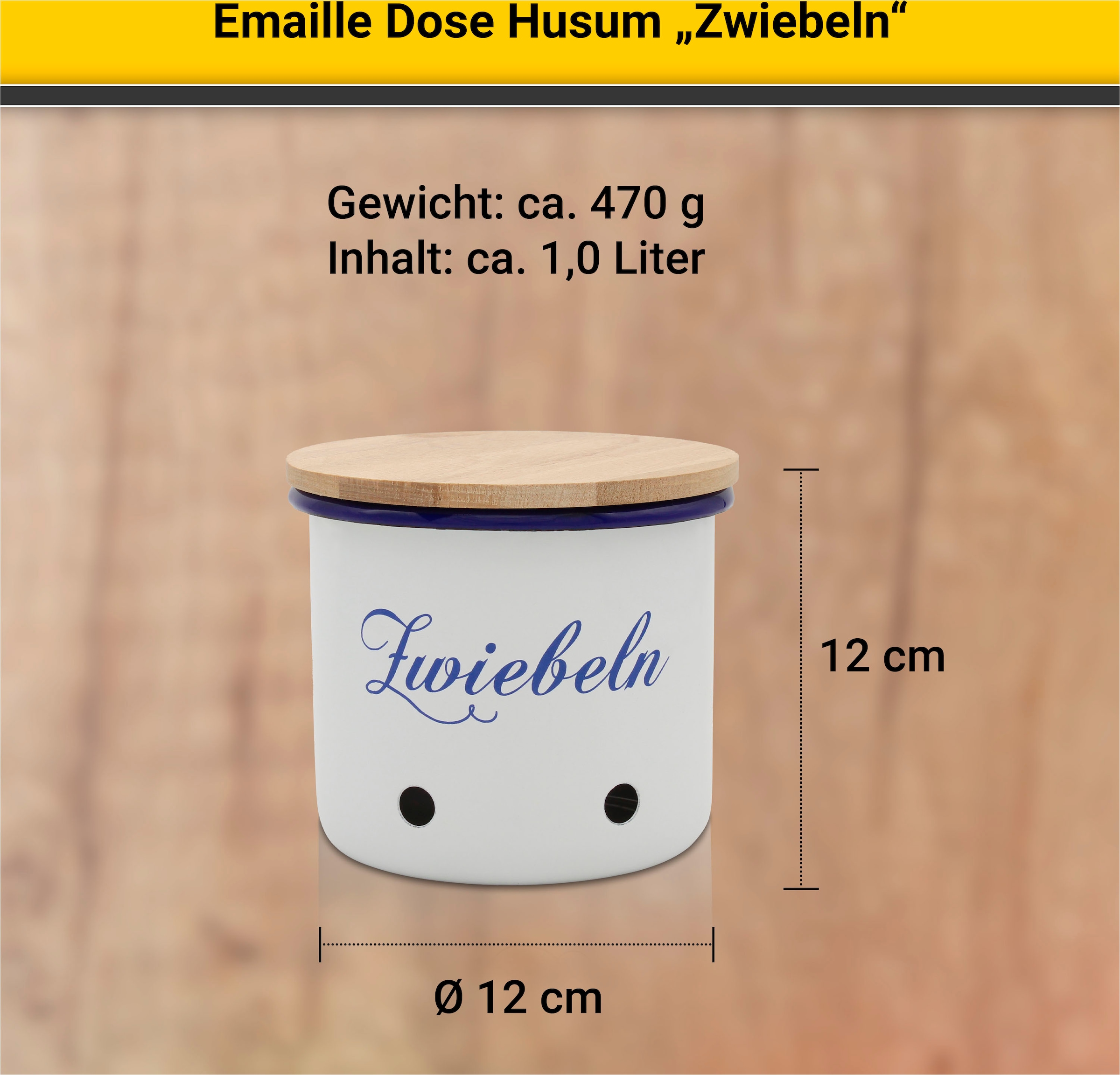Krüger Vorratsdose »Emaille Vorratsdose Husum für Zwiebeln mit Holzdeckel, 12 cm«, (1 tlg.), schnitt-/kratzfeste Oberfläche, Bakterienabweisend, extrem langlebig