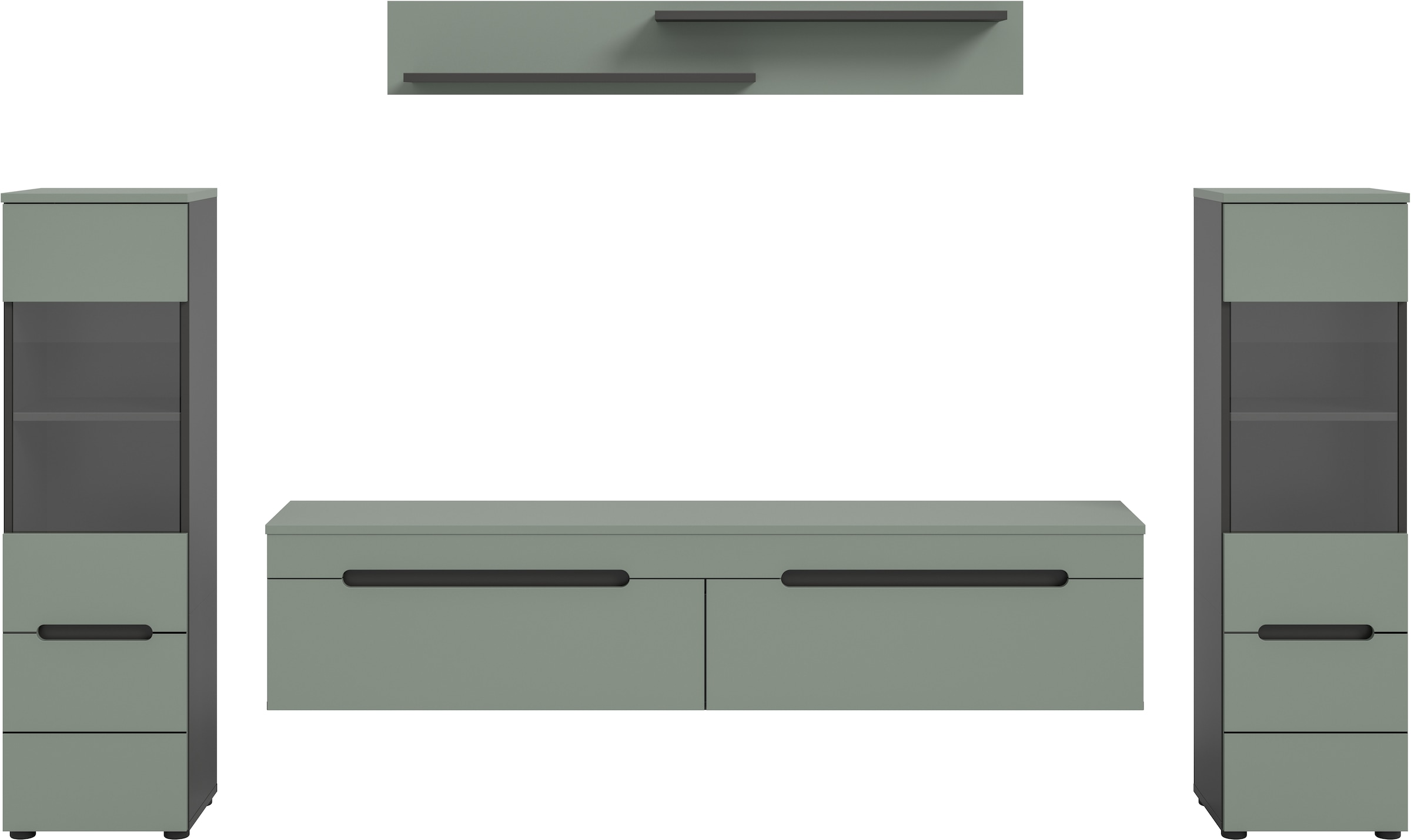 INOSIGN Wohnwand »REHAT, TOPSELLER!, 4-teilig, wahlweise stehend und hängend montierbar«, (3 St., Set bestehend aus: 2x Vitrine, Lowboard und Wandboard), Kombination, Anbauwand, Set, Wohn-Set, Wohnzimmer-Set, Schrankwand