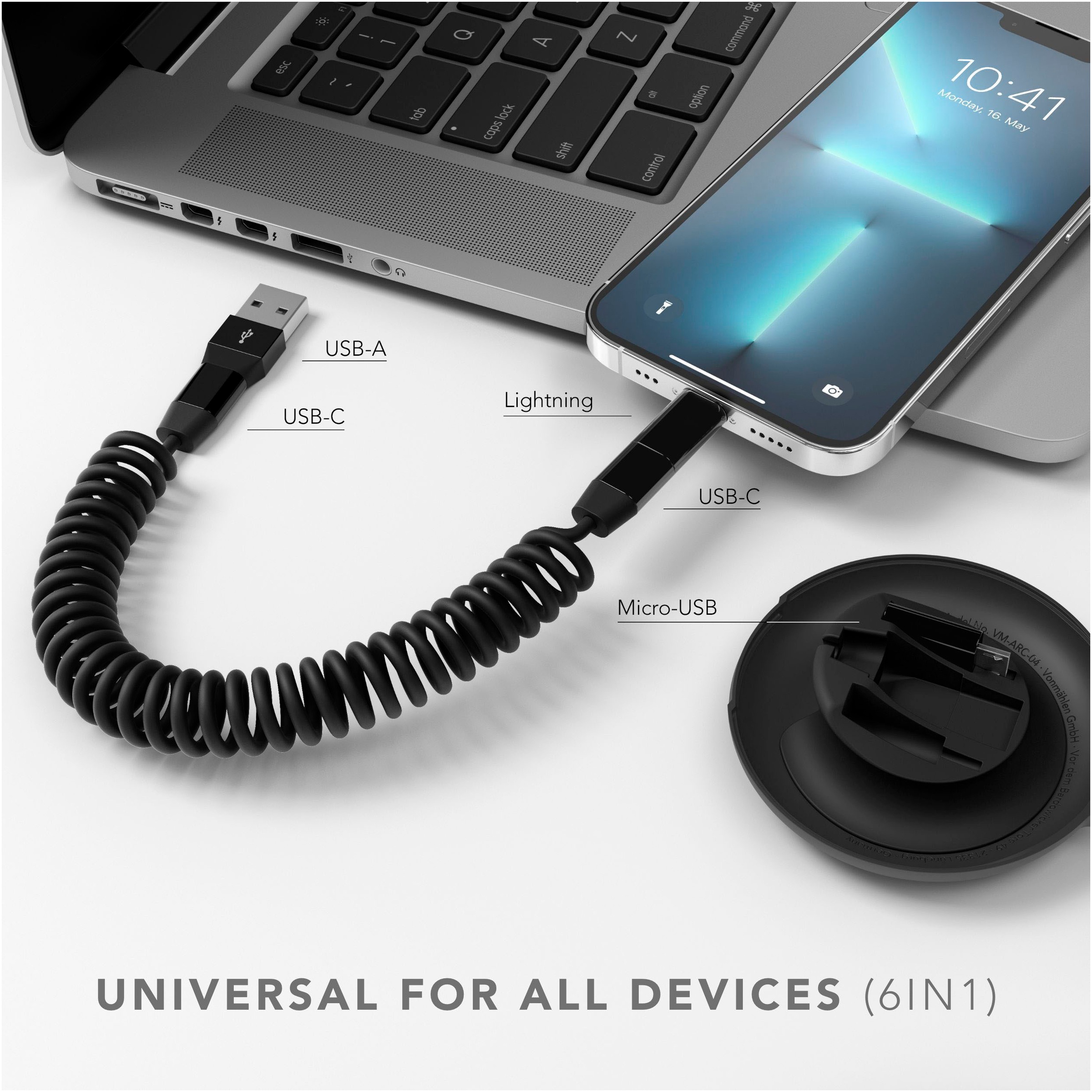 VONMÄHLEN USB-Kabel »allroundo eco - All-in-One Ladekabel«, 90 cm, Adapter: USB-A, Mikro-USB und Lightning