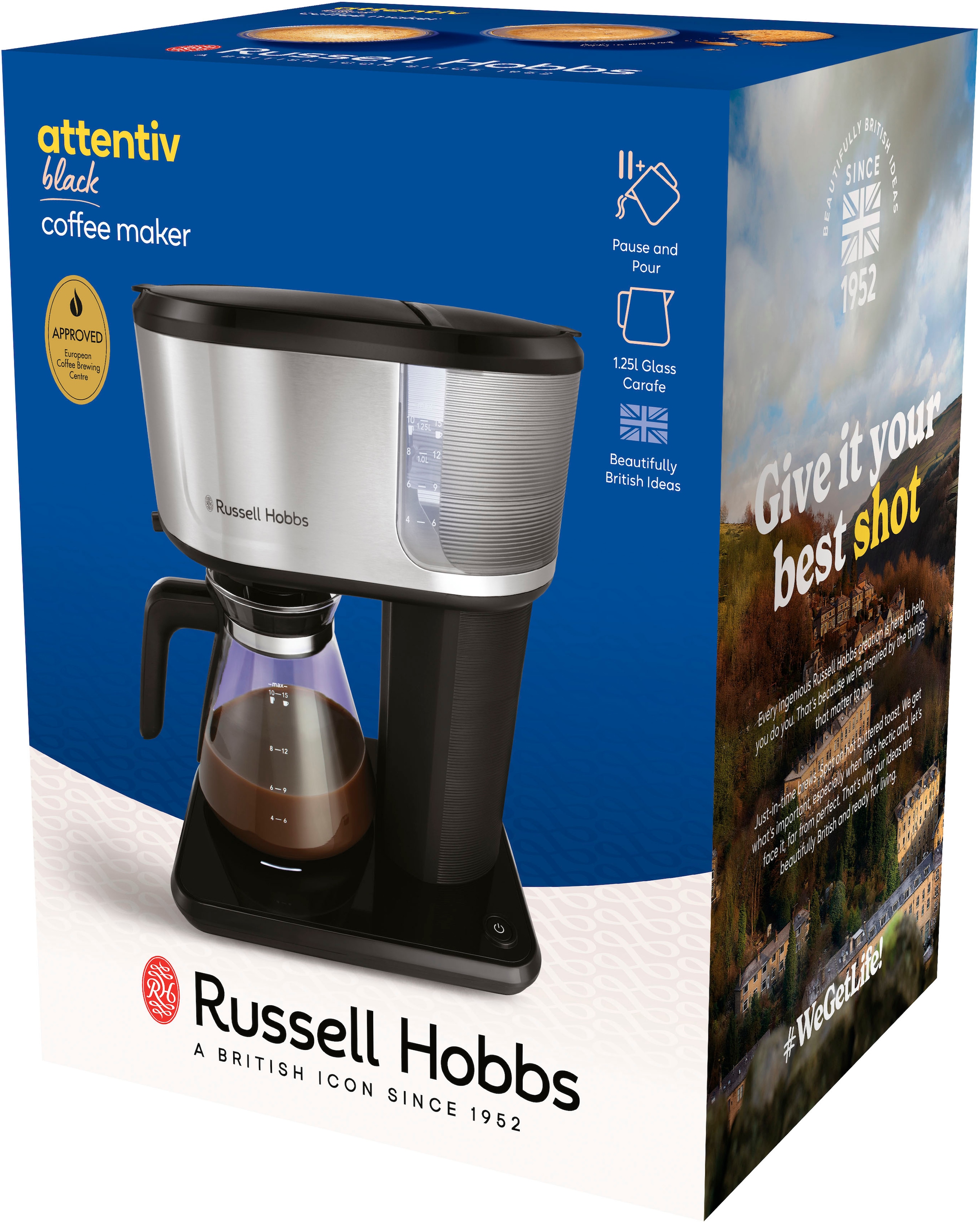 RUSSELL HOBBS Filterkaffeemaschine »Attentiv Black Coffee Bar 26840-56«, 1,25 l Kaffeekanne, Papierfilter, 1x4