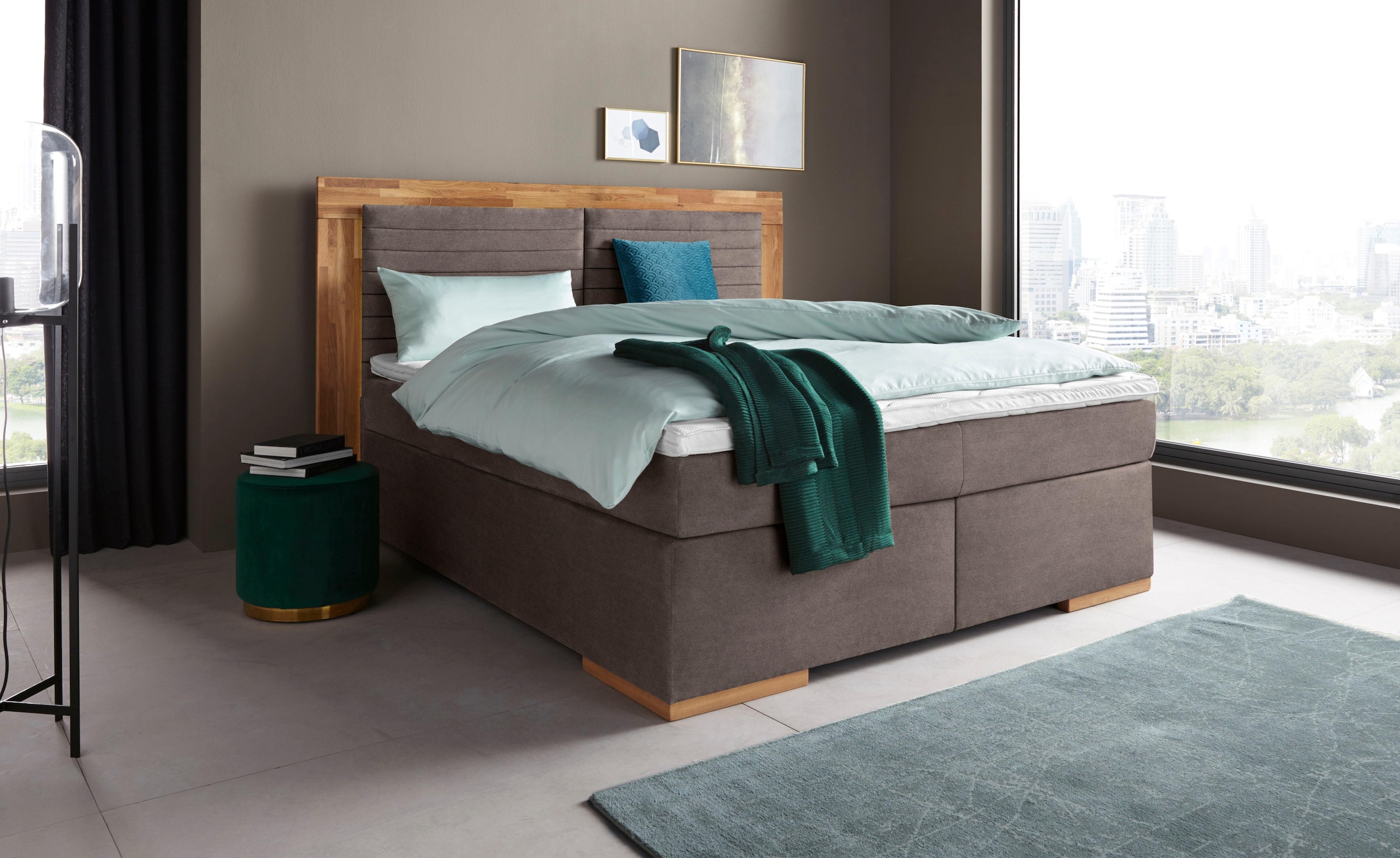 Boxspringbett HOME AFFAIRE "Cup", grau (charcoal), B:230cm L:206cm, Bezug: Luxus-Microfaser (100% Polyester);Bezug: Microfaser (100% Polyester), Komplettbetten, Boxspringbett, mit LED-Beleuchtung, Massivholzrahmen und Topper, in 2 Härtegraden 10