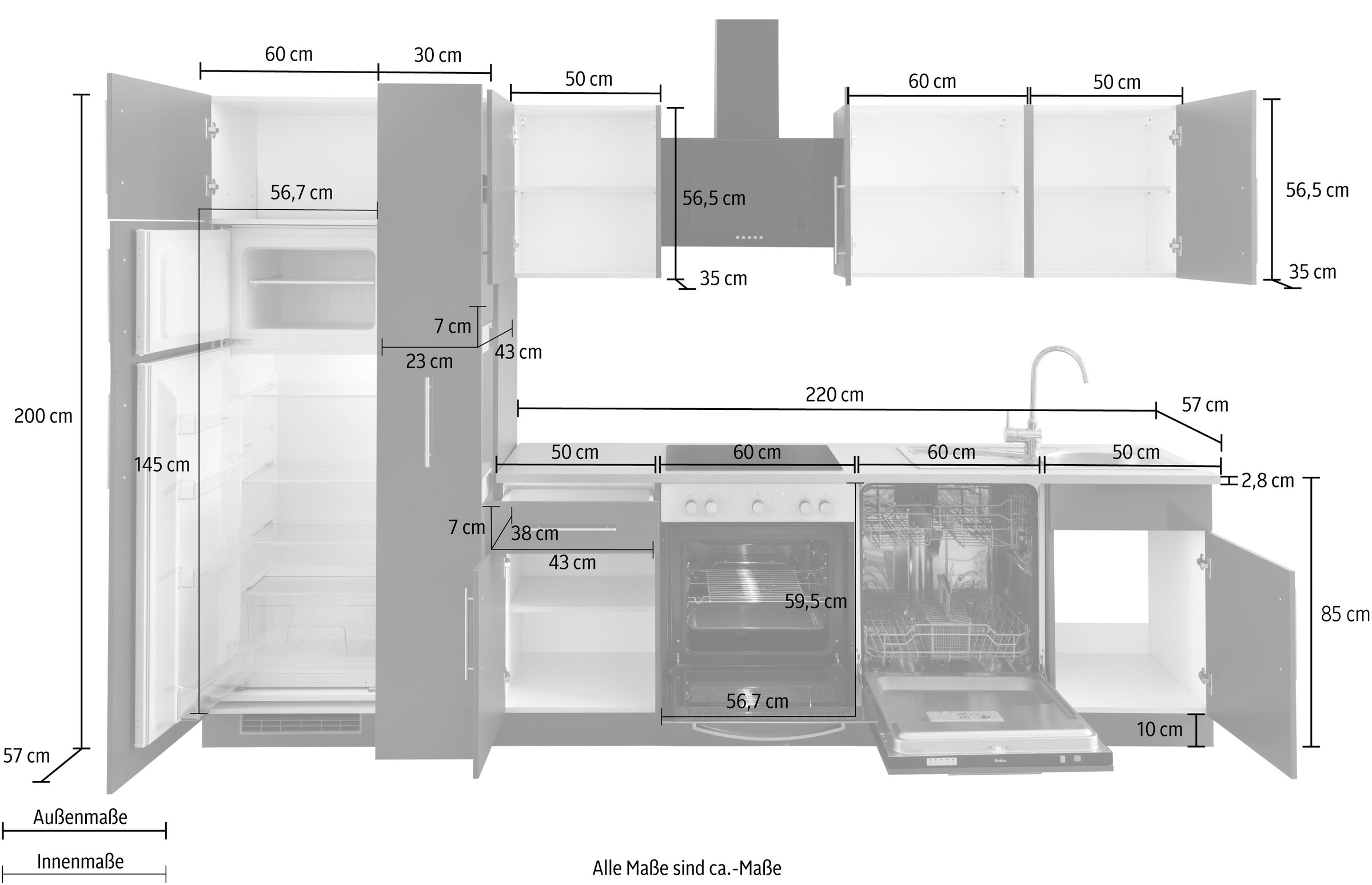 wiho Küchen Küchenzeile »Cali«, mit E-Geräten und Kühl-Gefrierkombination, Breite 310 cm