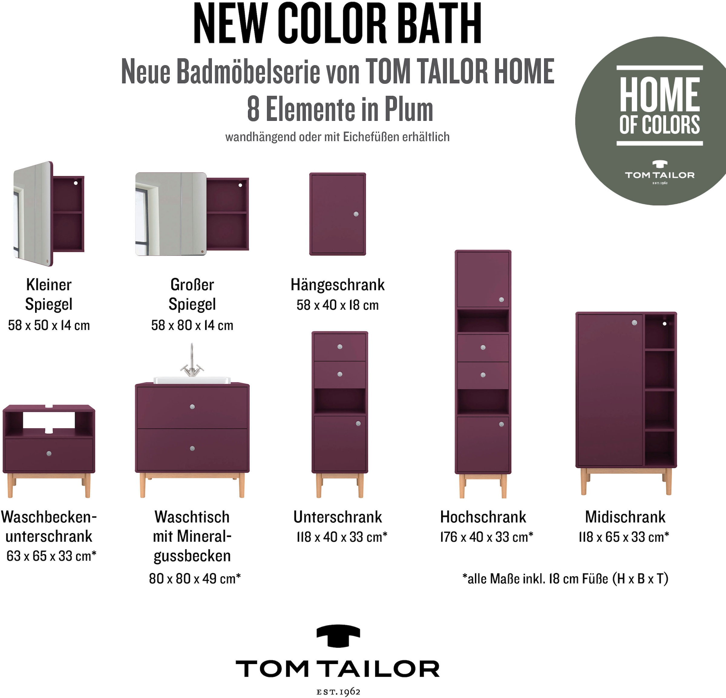 TOM TAILOR HOME Unterschrank »COLOR BATH«, mit 1 Tür & 2 Schubladen, mit Push-to-Open, Füße Eiche, Breite 40 cm
