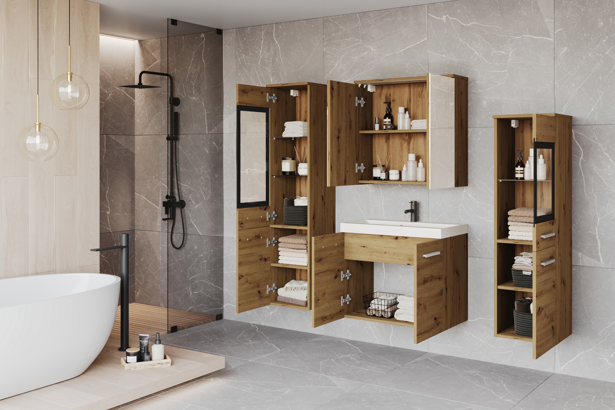 Thumbnail - welltime Badmöbel-Set "MADRIT II, Schrank mit Waschbecken, 2 Hänger, Spiegelschrank" Komplett-Set, 5 Stk. tlg.