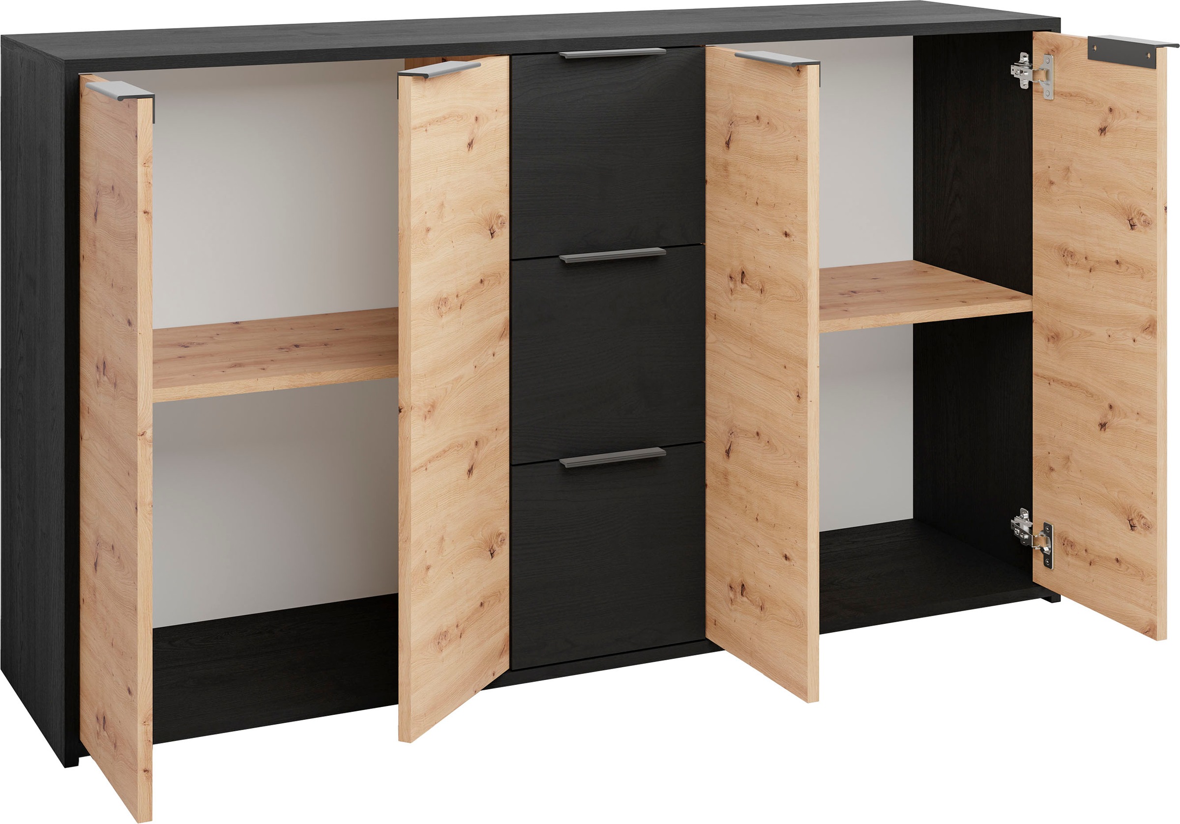 byLIVING Sideboard »Rimini«, Melamin Eiche schwarz und Artisan Eiche, 3 Schubkästen, 4 Türen