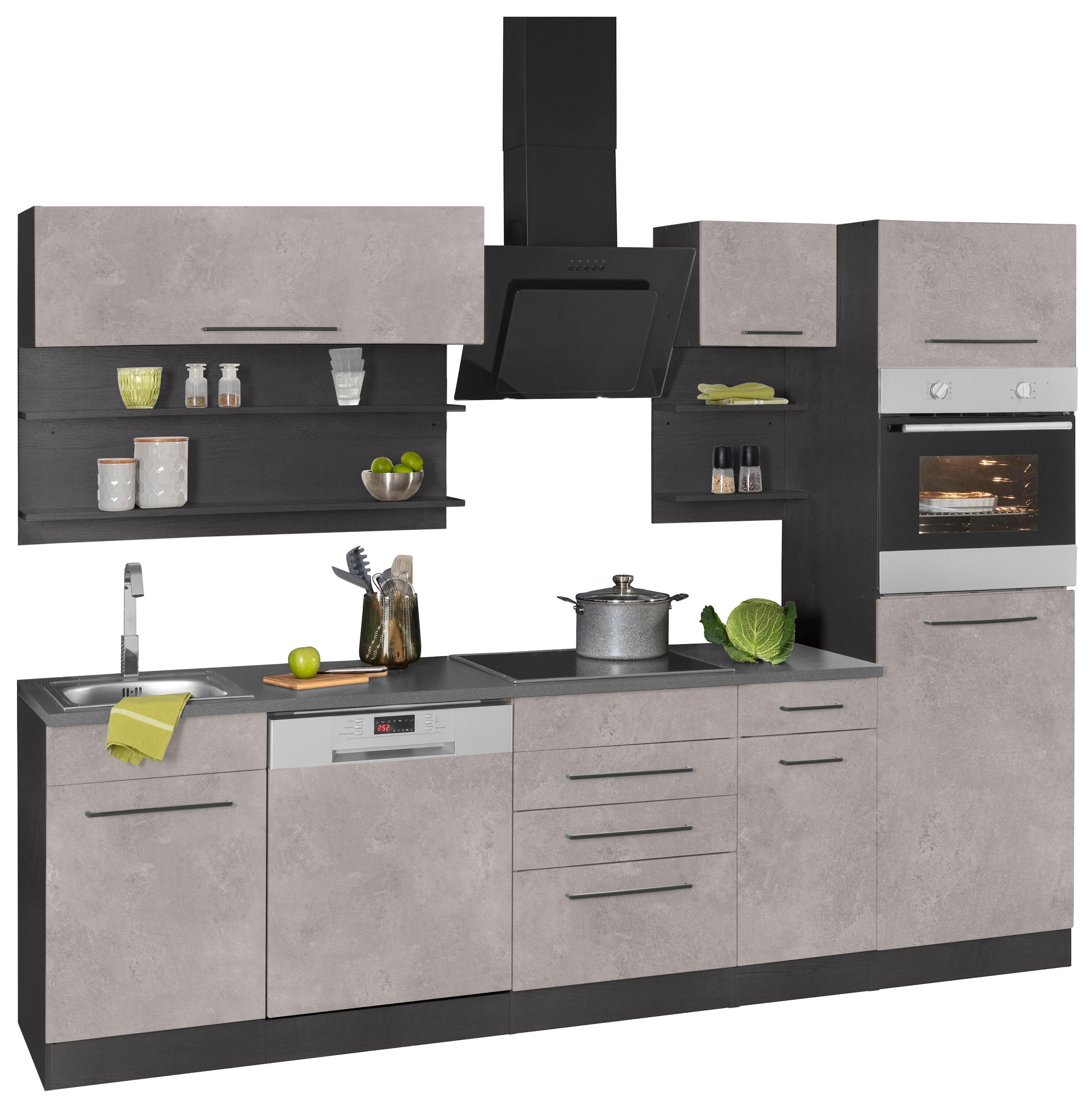 KOCHSTATION Küchenzeile »KS-Tulsa«, mit E-Geräten, Breite 270 cm, schwarze Metallgriffe, MDF Fronten