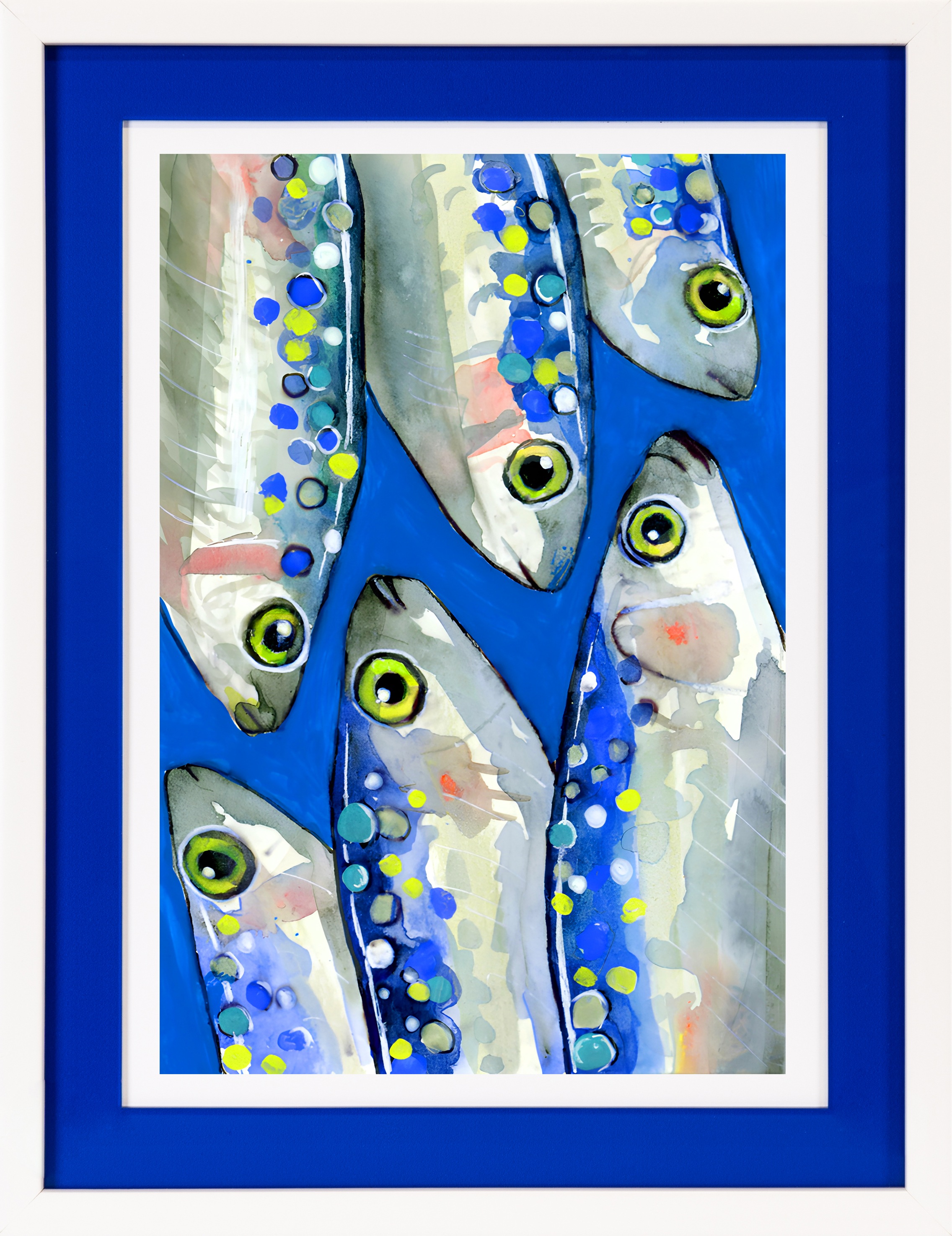 queence Bild mit Rahmen »Fische, Fischbild, blau, blautöne«, Wassertiere-Kunst-Tiere, (1 St.), Poster mit buntem Acrylglas Passepartout